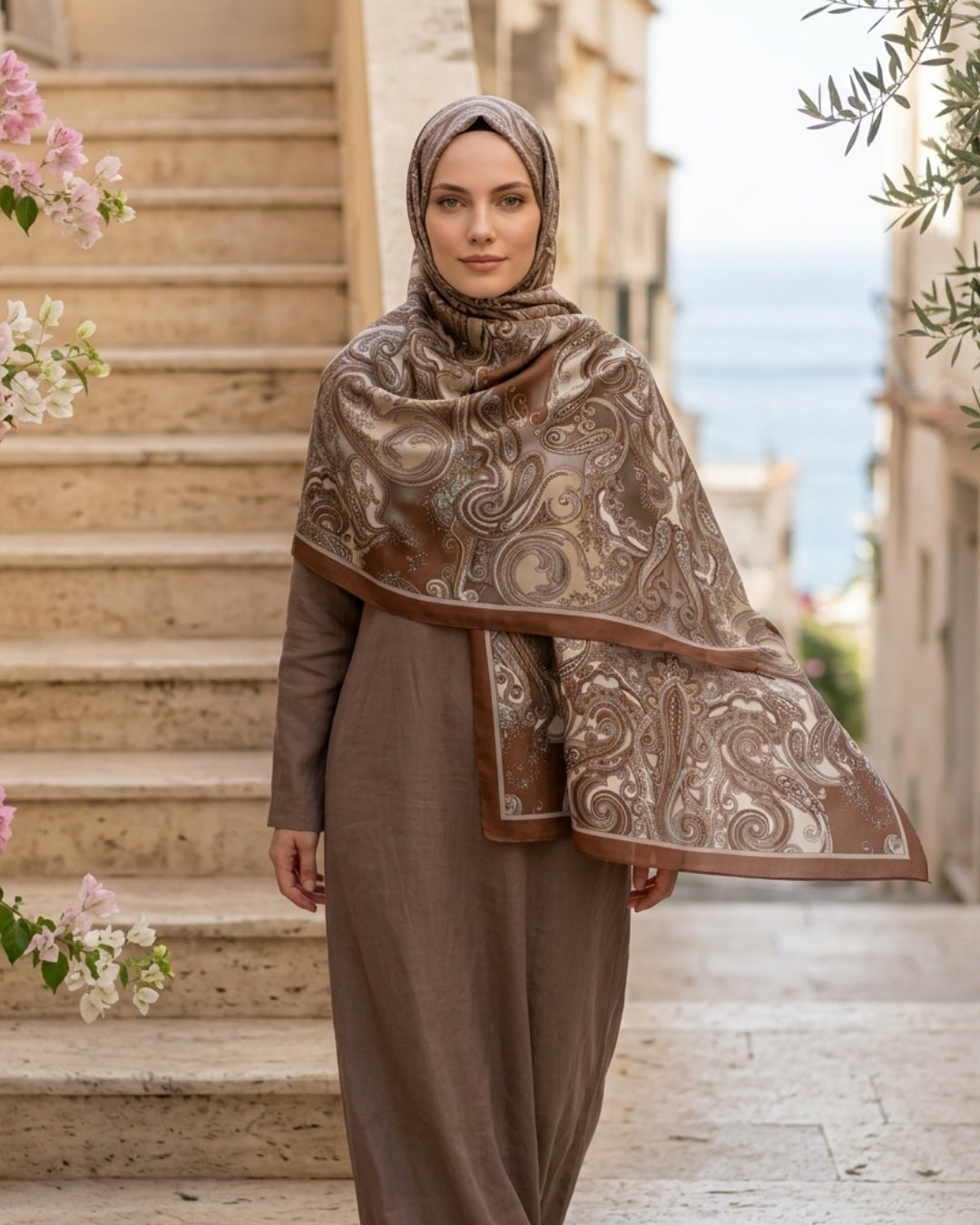kahverengi heritage gazel şal, modern klasik tarzda, sıcak renkler ve desenler ile zarif bir görünüm.
