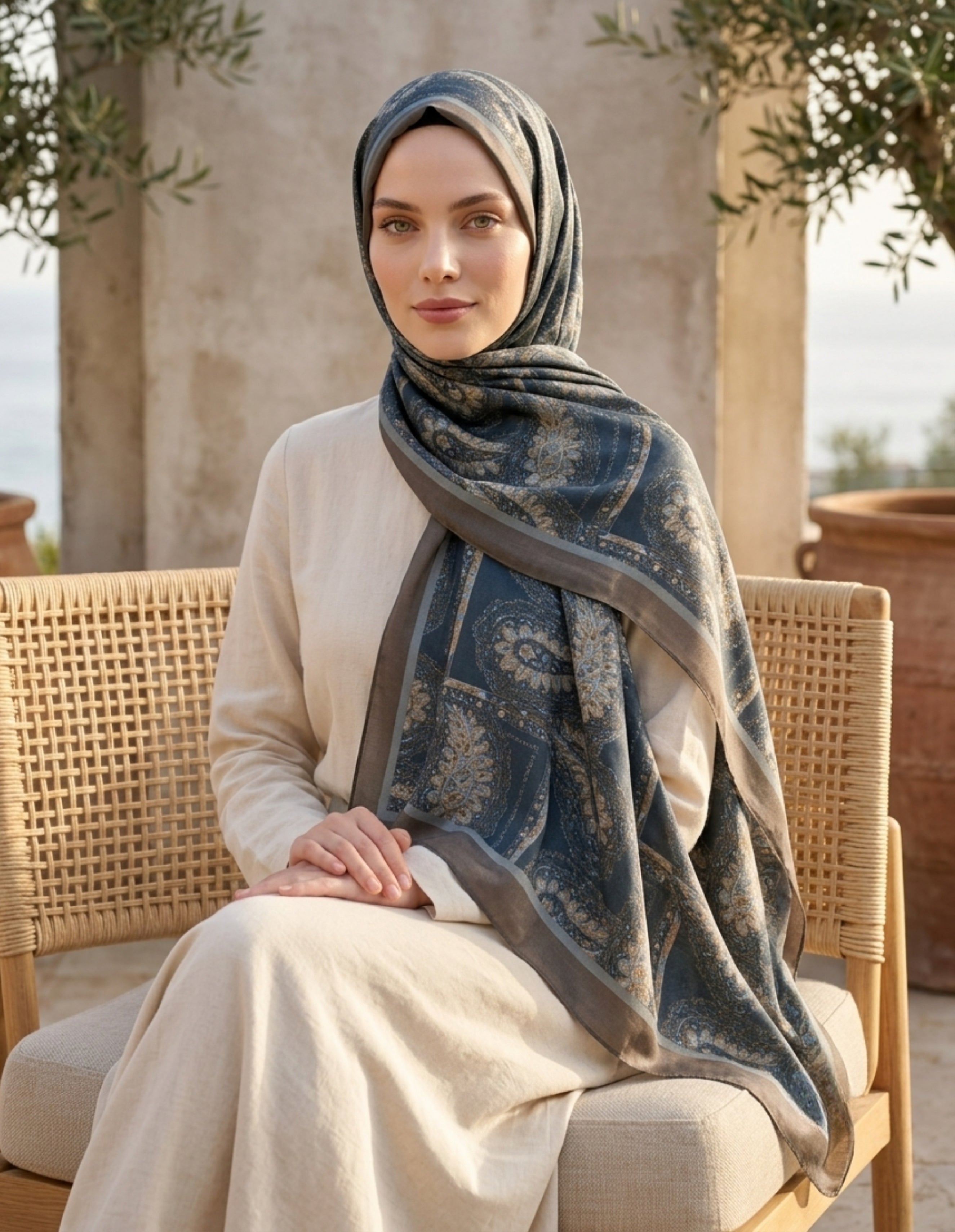 ED Scarf Iconic Lema Şal Lacivert, zarif bir görünümle modelin üzerine yerleştirilmiş.