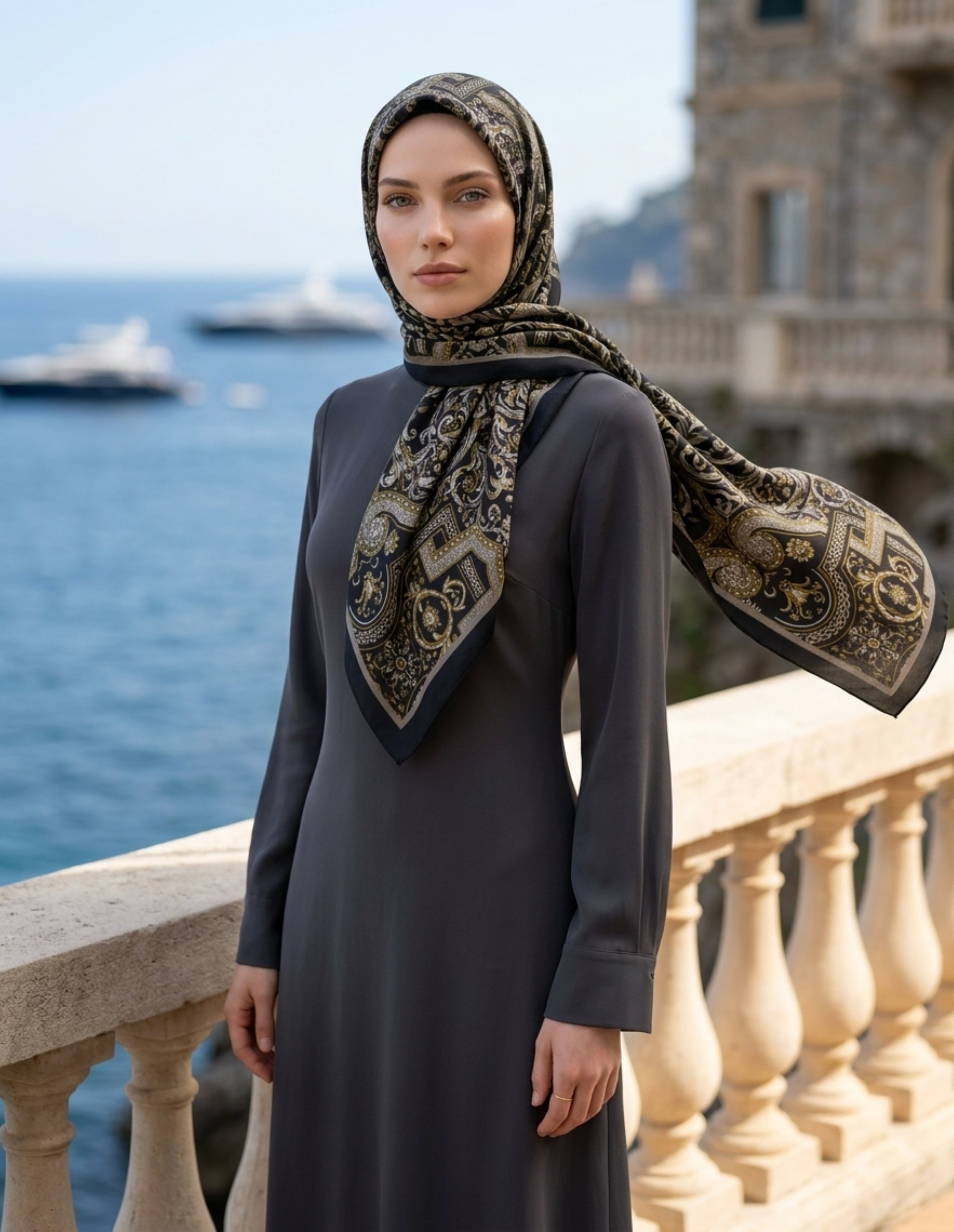 ED Scarf Celebrity Celestial Şal Siyah Gold, şık bir kadının deniz kenarındaki zarif görünümü.