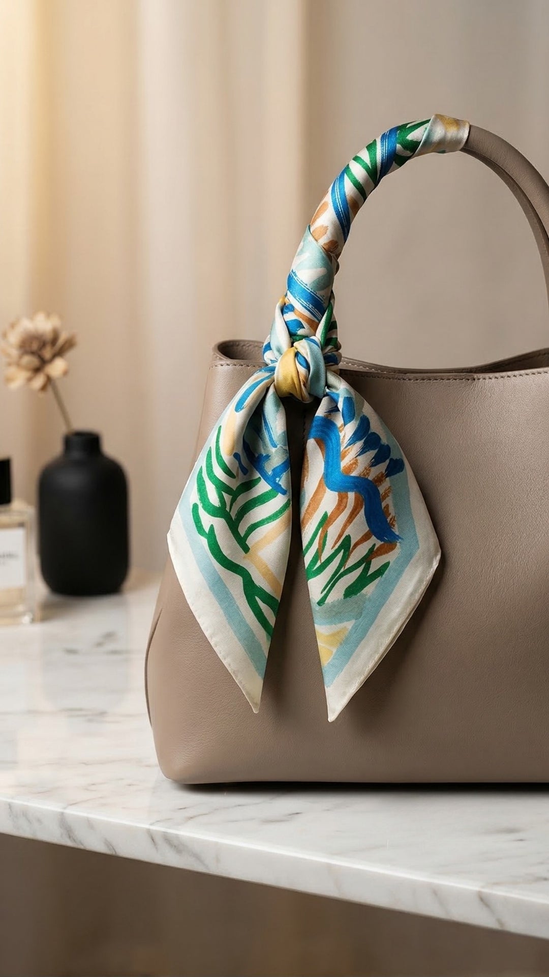 Japon Esintili Mavi Desenli İpek Fular çantada şık aksesuar kullanımı