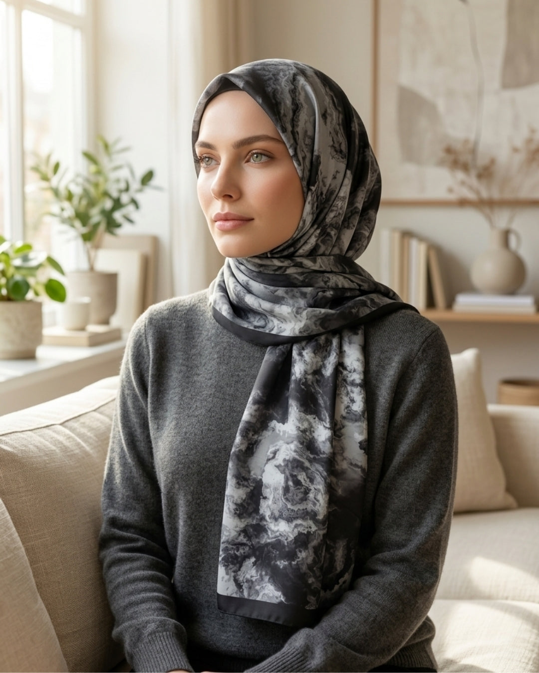 Desenli Pamuk Soft Şal Siyah Beyaz Vera Serisi kadın şal modeli