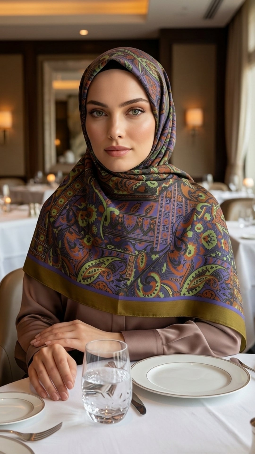 yeşil Hasna şal ile şık bir şekilde giyinmiş kadın, restoran masasında oturuyor.