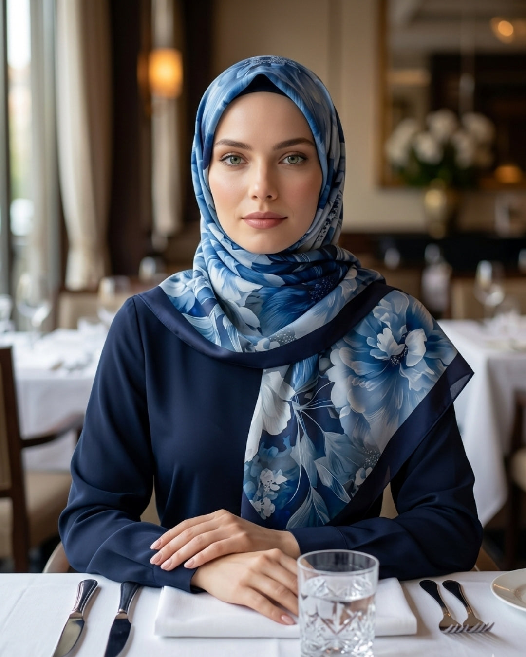 Desenli Pamuk Soft Şal Mavi Soon Serisi Mira İpek yakından doku detayı
