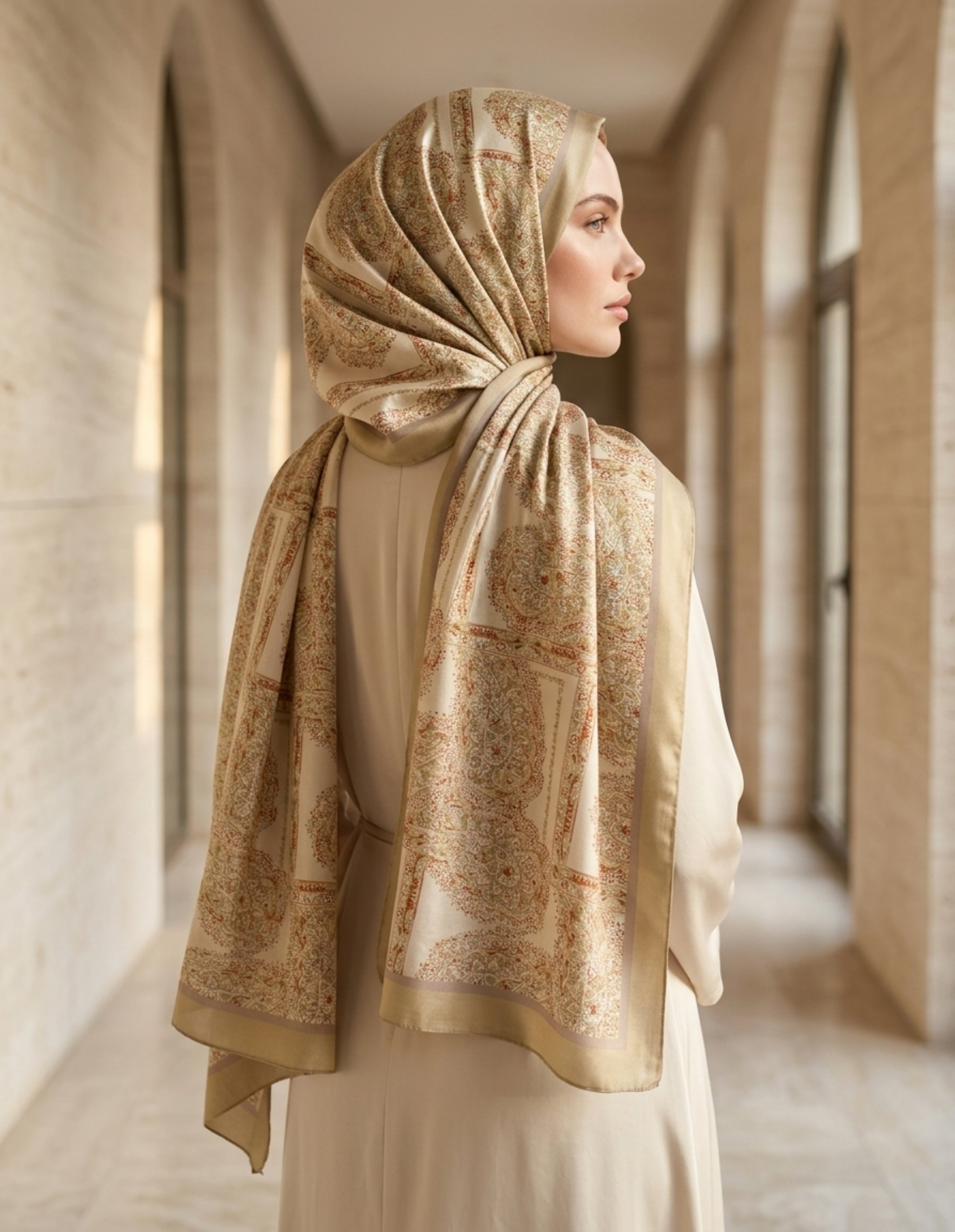 ED Scarf Iconic Lema Şal Bej zarif bir şekilde bağlanmış olarak bir kadının omuzlarında duruyor.