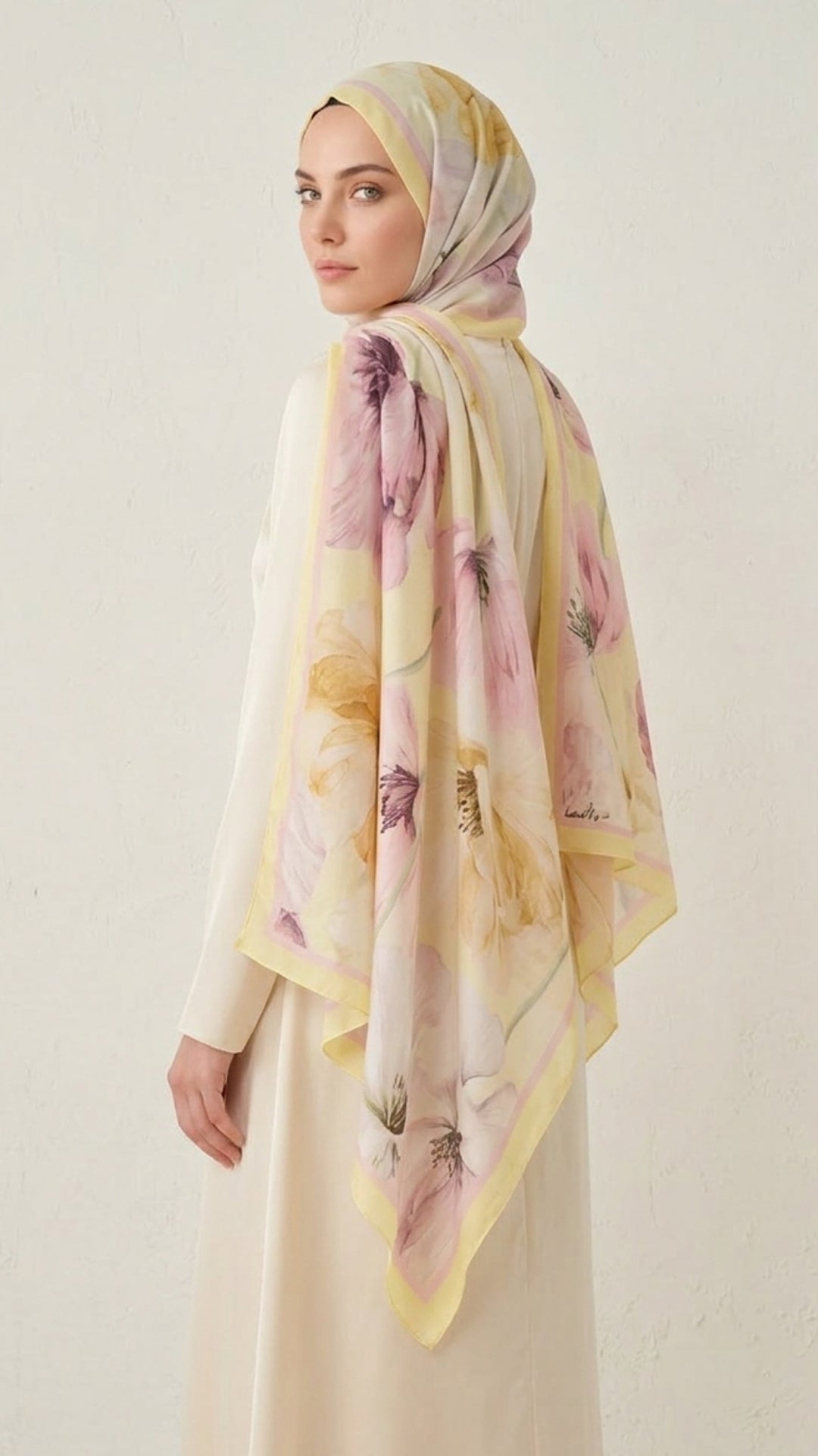 Desenli Bambu Kraş Şal Sarı Mor Çiçek | Canlı Zarafet
