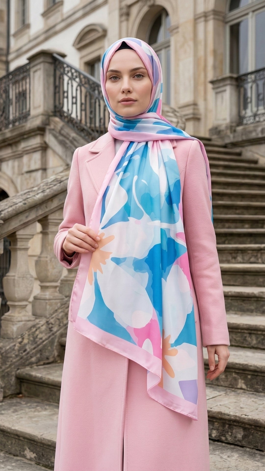 Desenli Pamuk Soft Şal - İlham Serisi Mavi Pembe Kenarlı