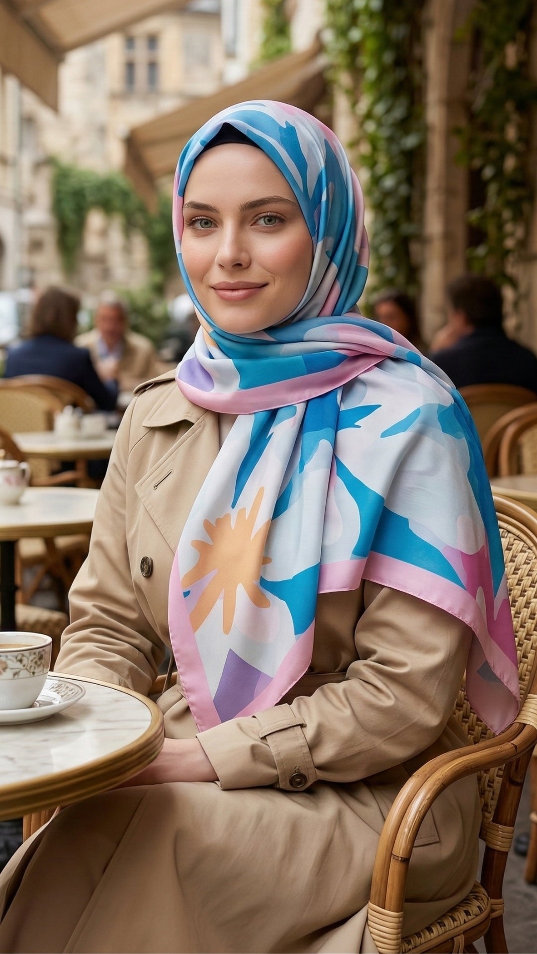 Desenli Pamuk Soft Şal - İlham Serisi Mavi Pembe Kenarlı