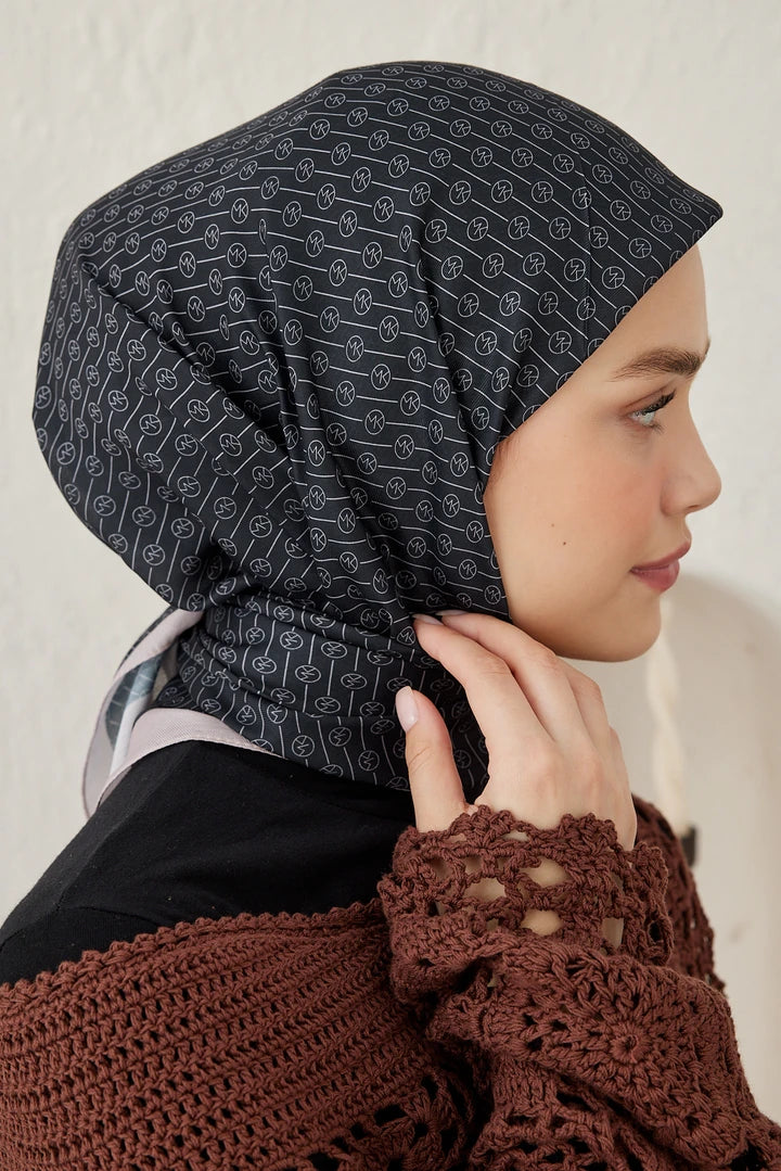 Çizgisel Daire Mk Pamuk Eşarp - Bej-Siyah