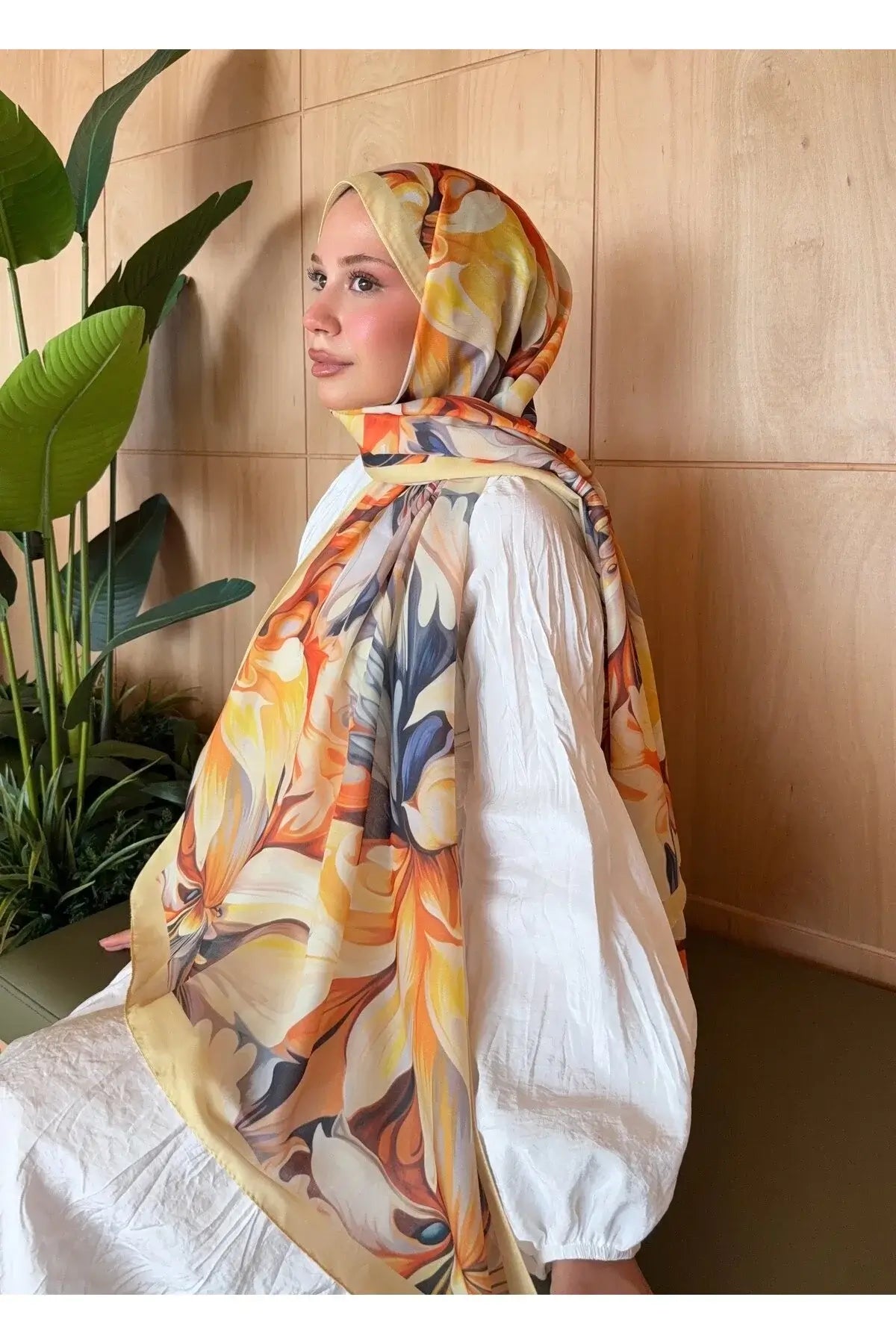 Desenli Pamuk Soft Şal İlham Serisi Sarı Turuncu önden görünüm