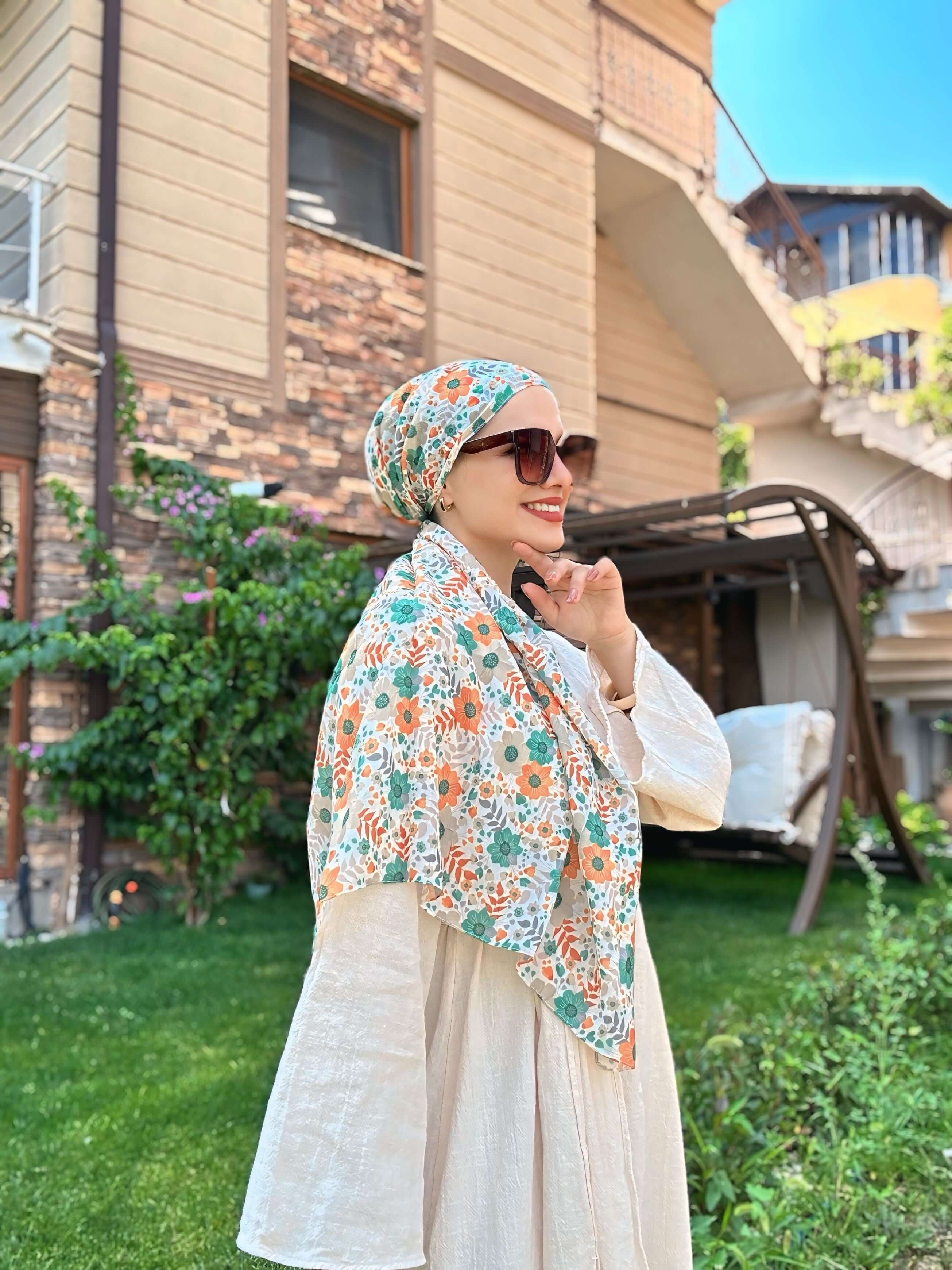 Nefes alabilen bambu eşarp Turuncu Yeşil Flora Desen ile şık kombin önerisi