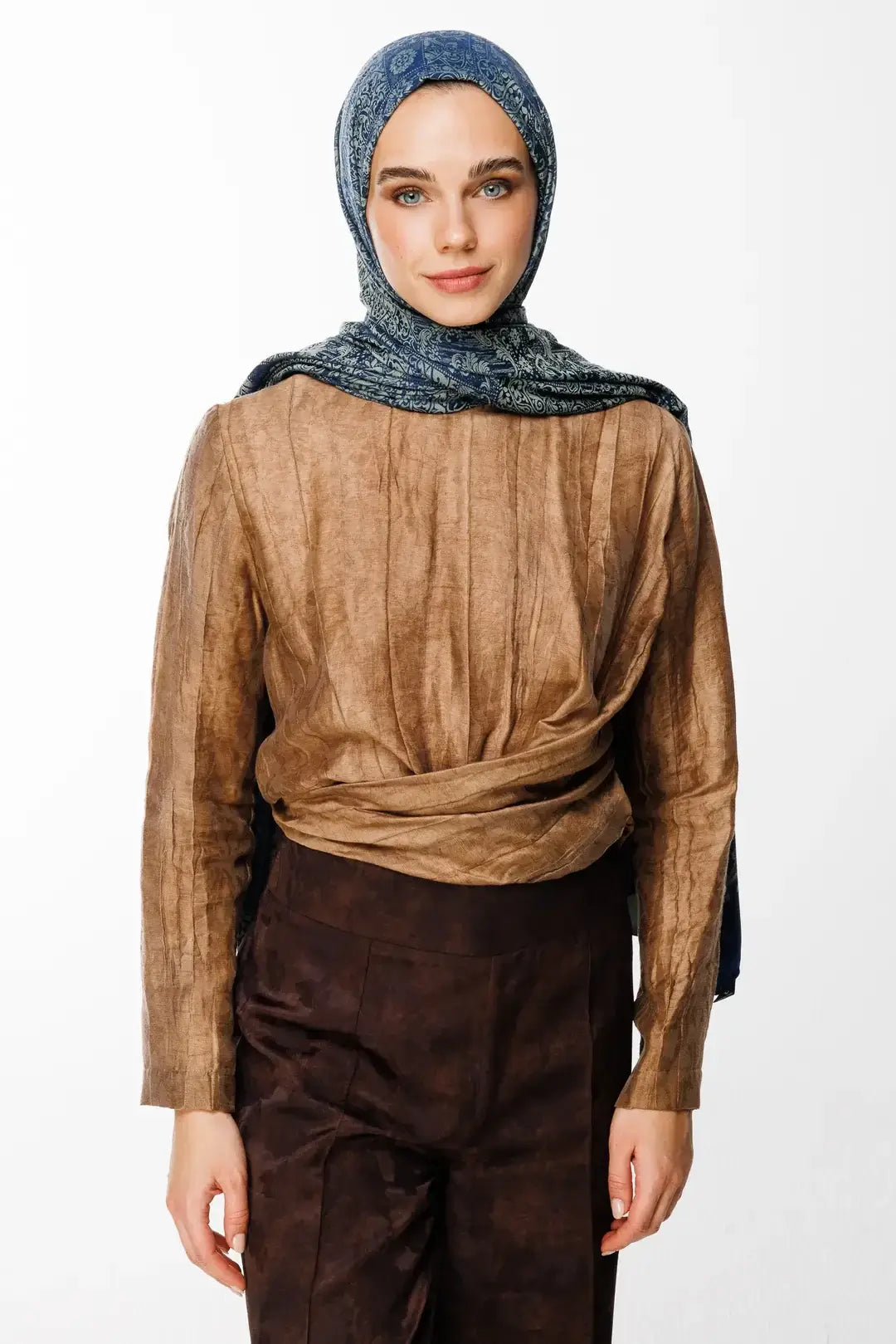 Henna Desen Çift Taraflı Şal Lacivert-Su Yeşili