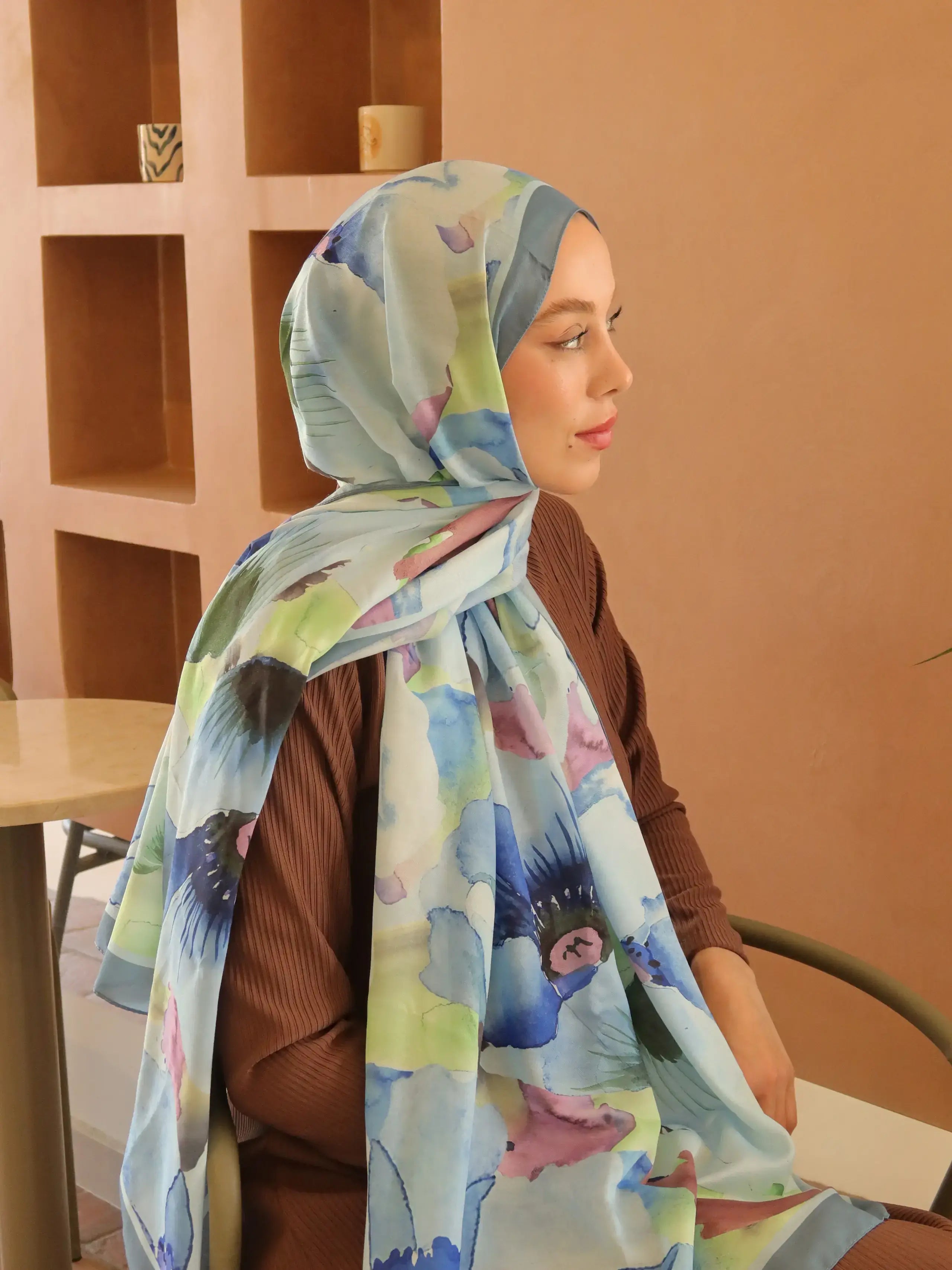 Pamuk Şal Livora Desen Mavi Gri önden görünüm soft dokuda