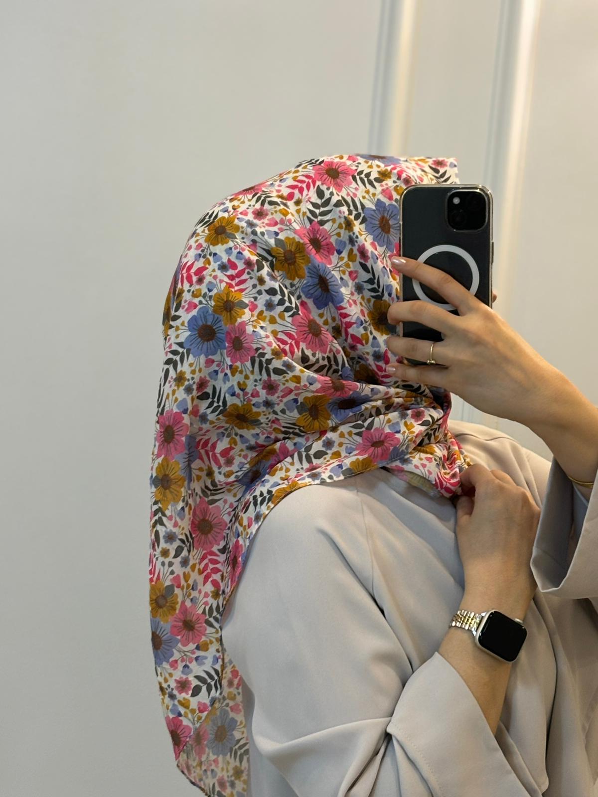 Flora Desen Bambu Eşarp - Pembe - Lila