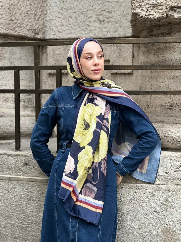 Margarit Desen Bambu Şal - Lacivert