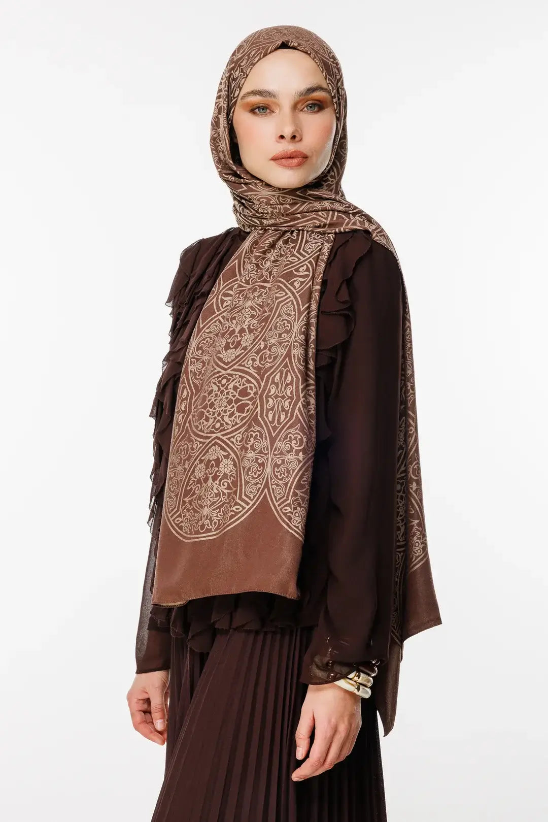 Moda Nûda acı kahve-bej Morocco desen şal günlük ve özel kullanım için ideal