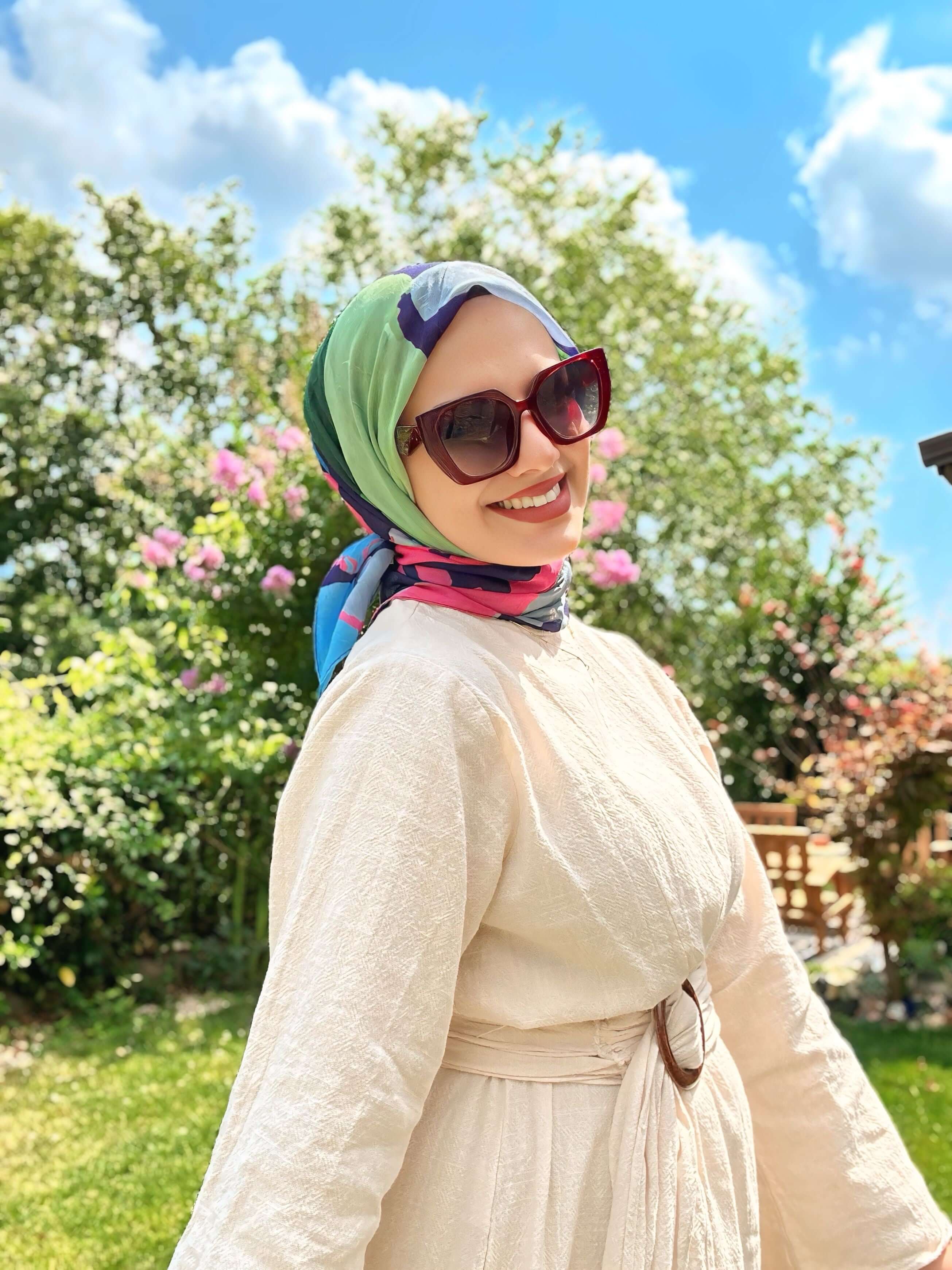Canlı kombinler için Mor Yeşil Palet Desen Bambu Eşarp