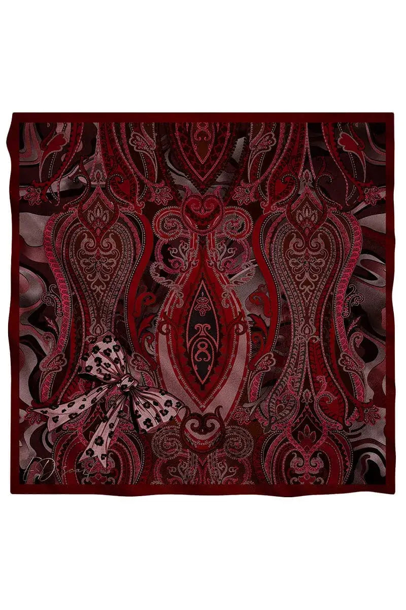 “Moda Nûda Vision Art Collection Lacrina desenli ipek eşarp – bordo renkli etnik motifli tasarım”