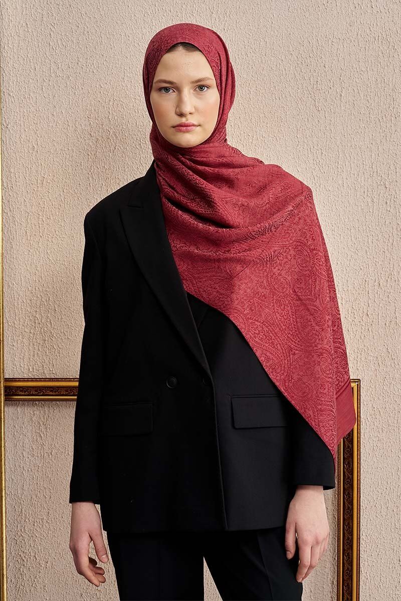 Çift Taraflı Etnik Desen Şal Bordo çift taraflı tasarımlı şal modeli