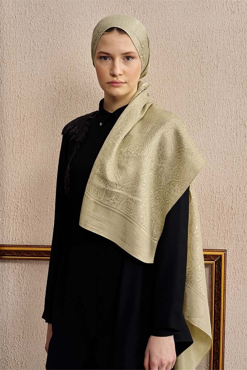 Çift Taraflı Etnik Desen Şal Yeşil çift taraflı tasarımlı şal modeli