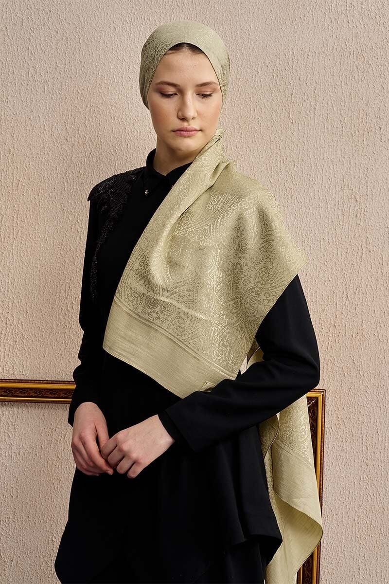 Çift Taraflı Etnik Desen Şal Yeşil modern ve etnik desenli şal