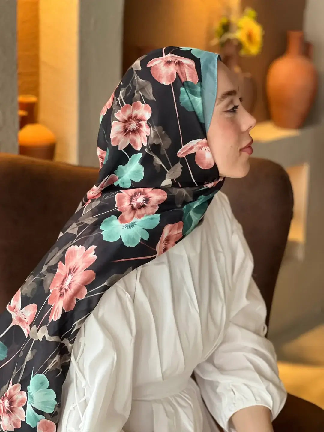 Şık kombinler için Açık Petrol Fiori Desen Lina Şal