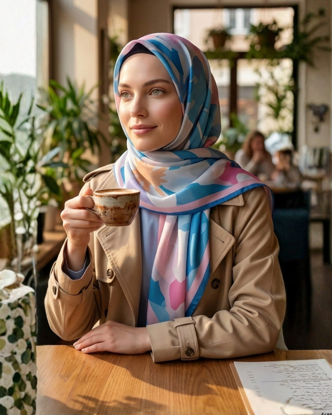 Desenli Pamuk Soft Şal - İlham Serisi Mavi Pembe Kenarlı