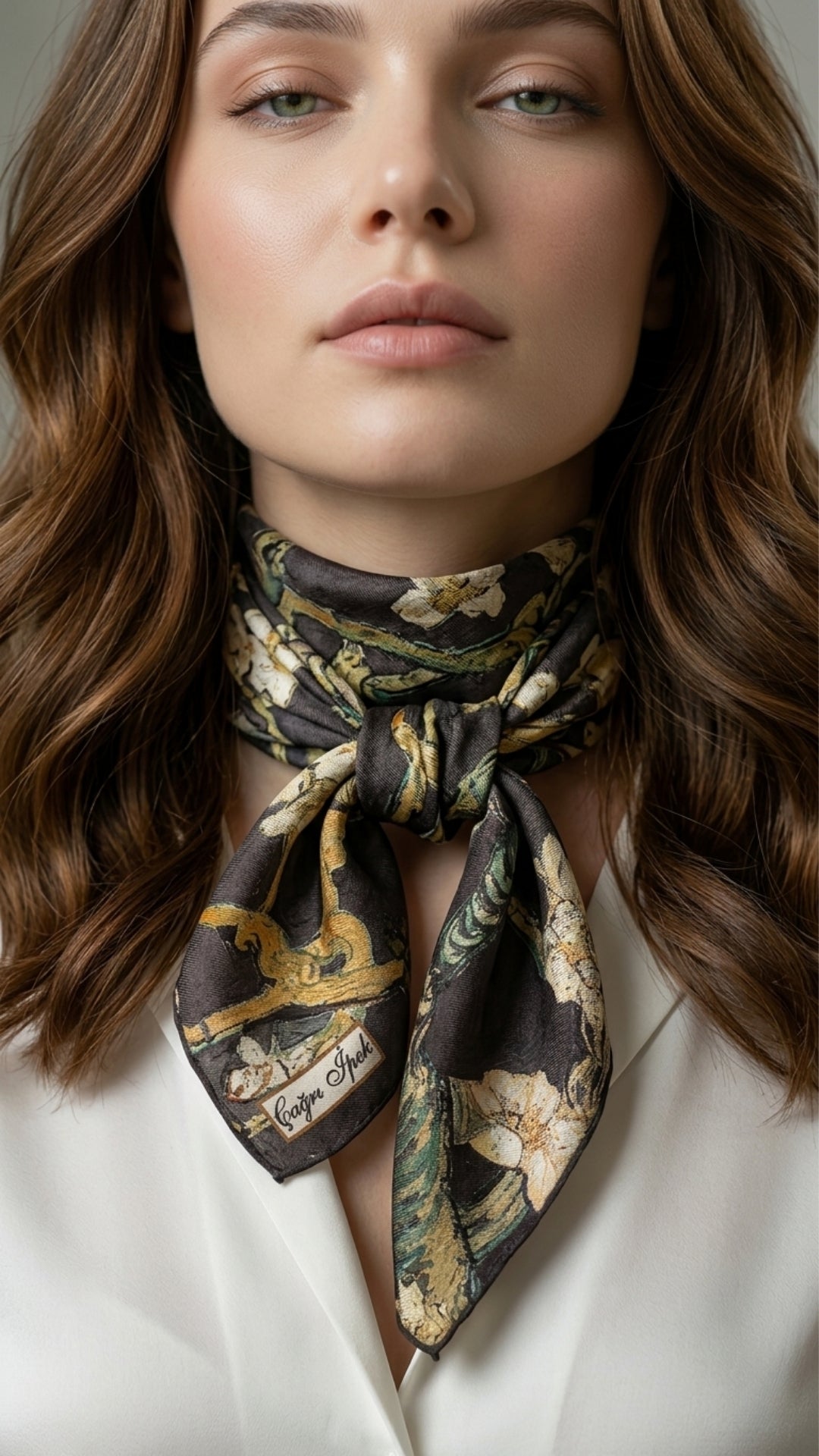 Siyah Badem Çiçeği Desenli İpek Fular tam boy görünüm