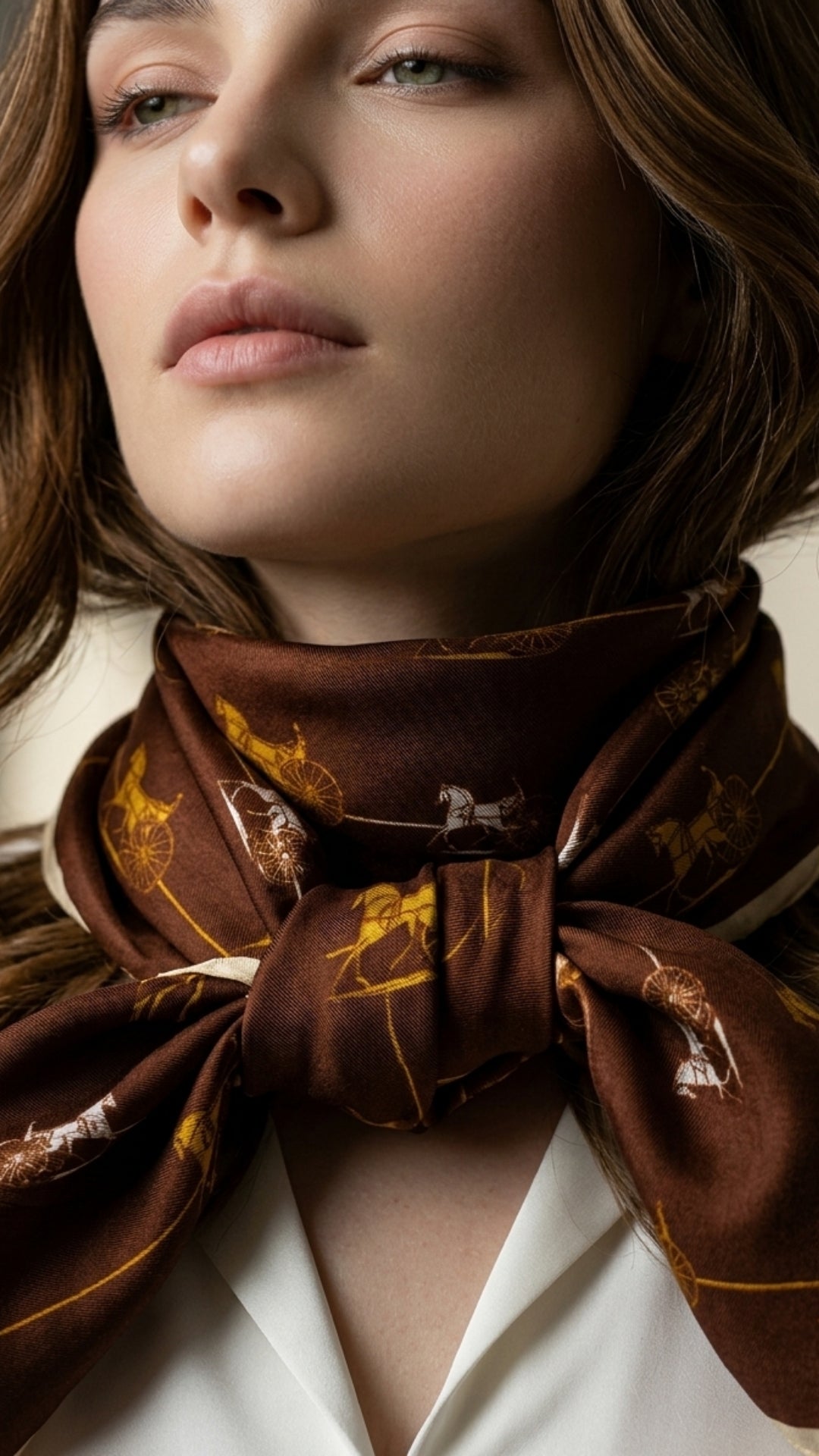 Taba At Arabası Desenli İpek Fular boyunda dökümlü duruş