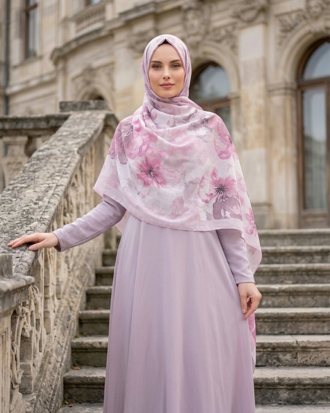 Fransız İpeği Desenli Şal Dökümlü Pembe