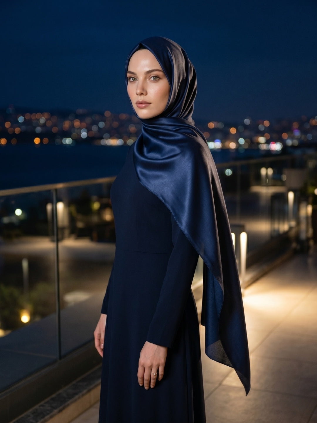 Abiye Saten Janjan Şal Lacivert | Parlak ve Zarif Stil