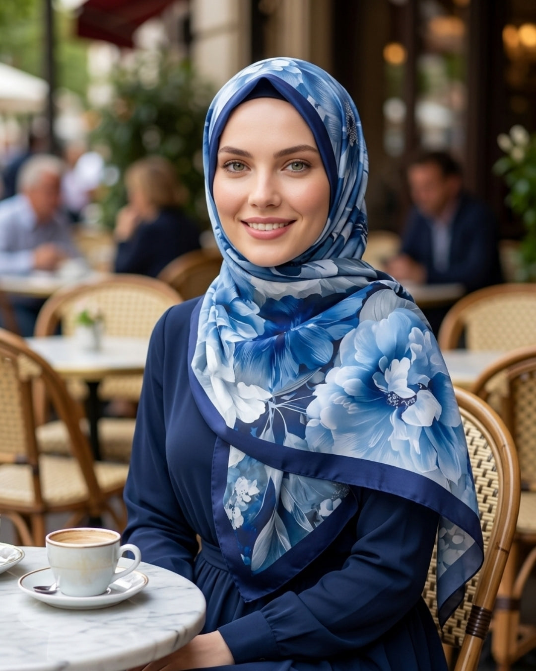 Desenli Pamuk Soft Şal Mavi Soon Serisi omuzda dökümlü duruş