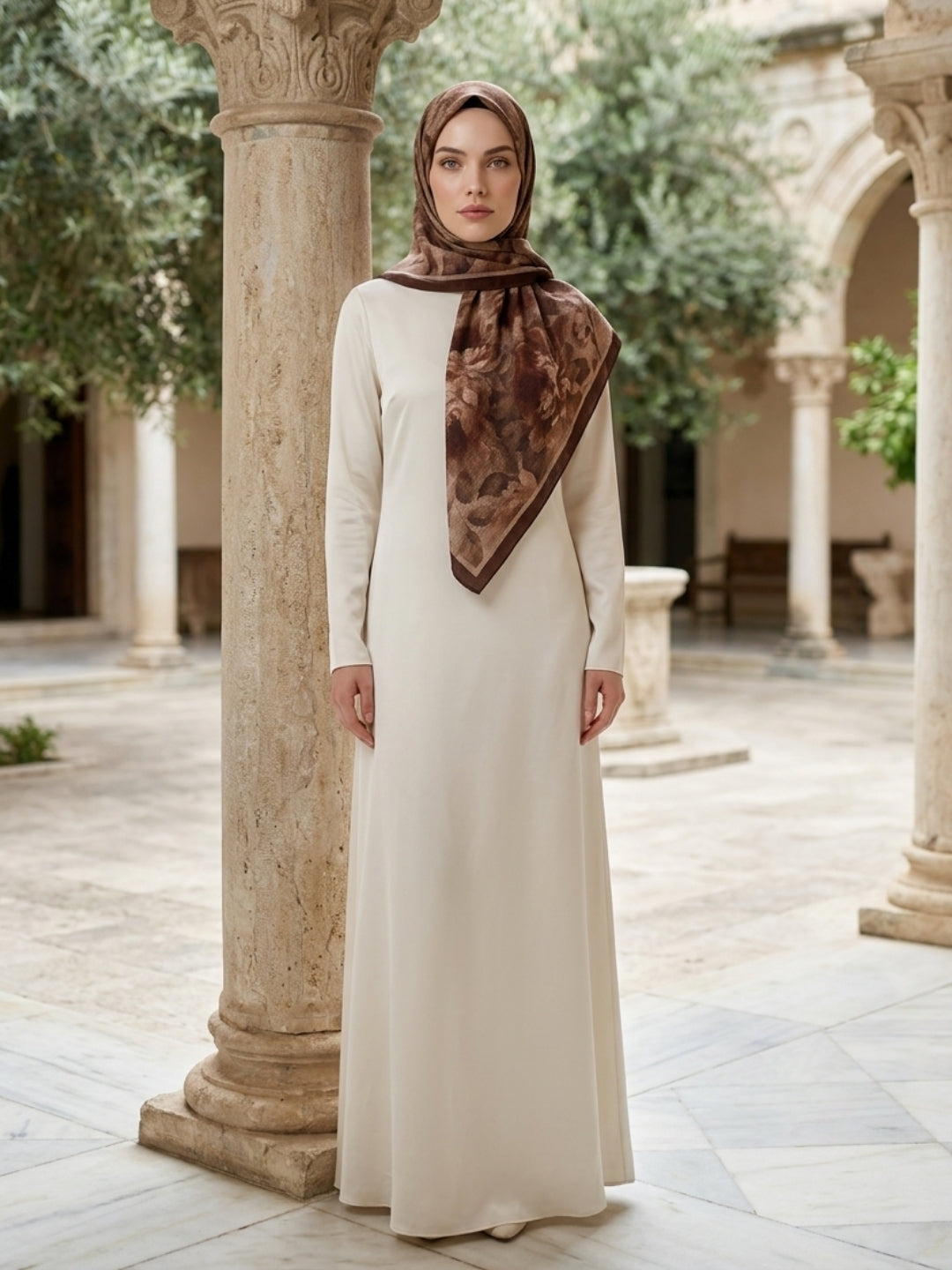 Frosted Bloom Müslin Şal Kahve - Sıcak ve Zamansız Stil