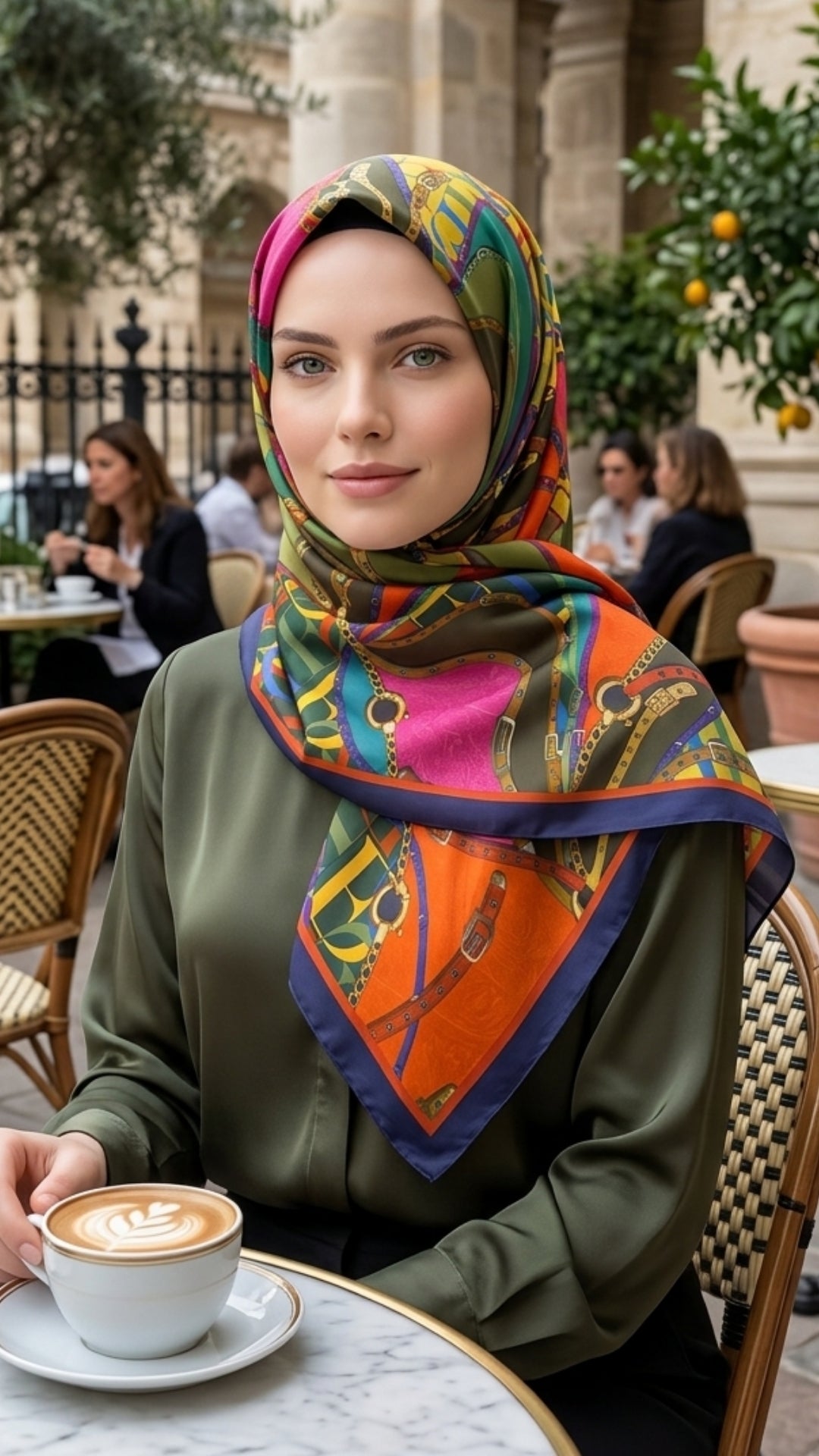 Lacivert floş viskon şal ile modern bir şıklık sunan kadın, kafe ortamında kahve içerken.