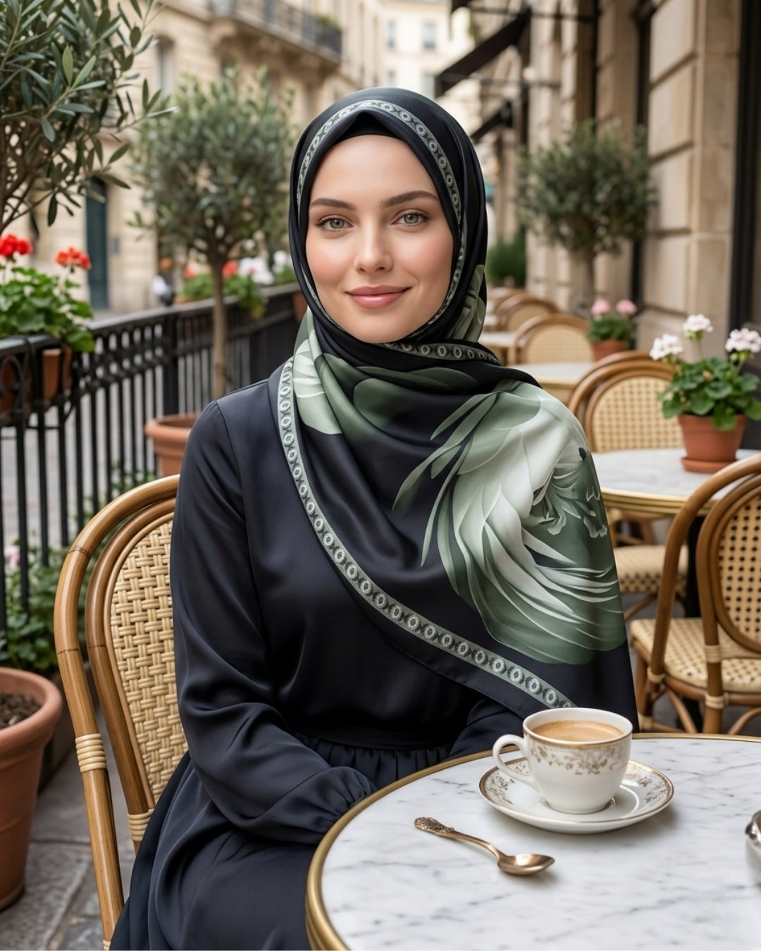 Desenli Pamuk Soft Şal Haki Yeşil Marline Serisi omuzda dökümlü duruş