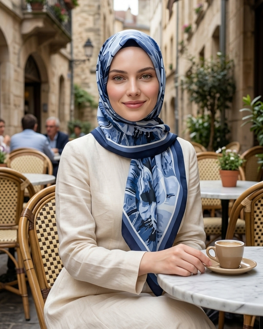 Desenli Pamuk Soft Şal Saks Açık Mavi İlham Serisi omuzda dökümlü duruş