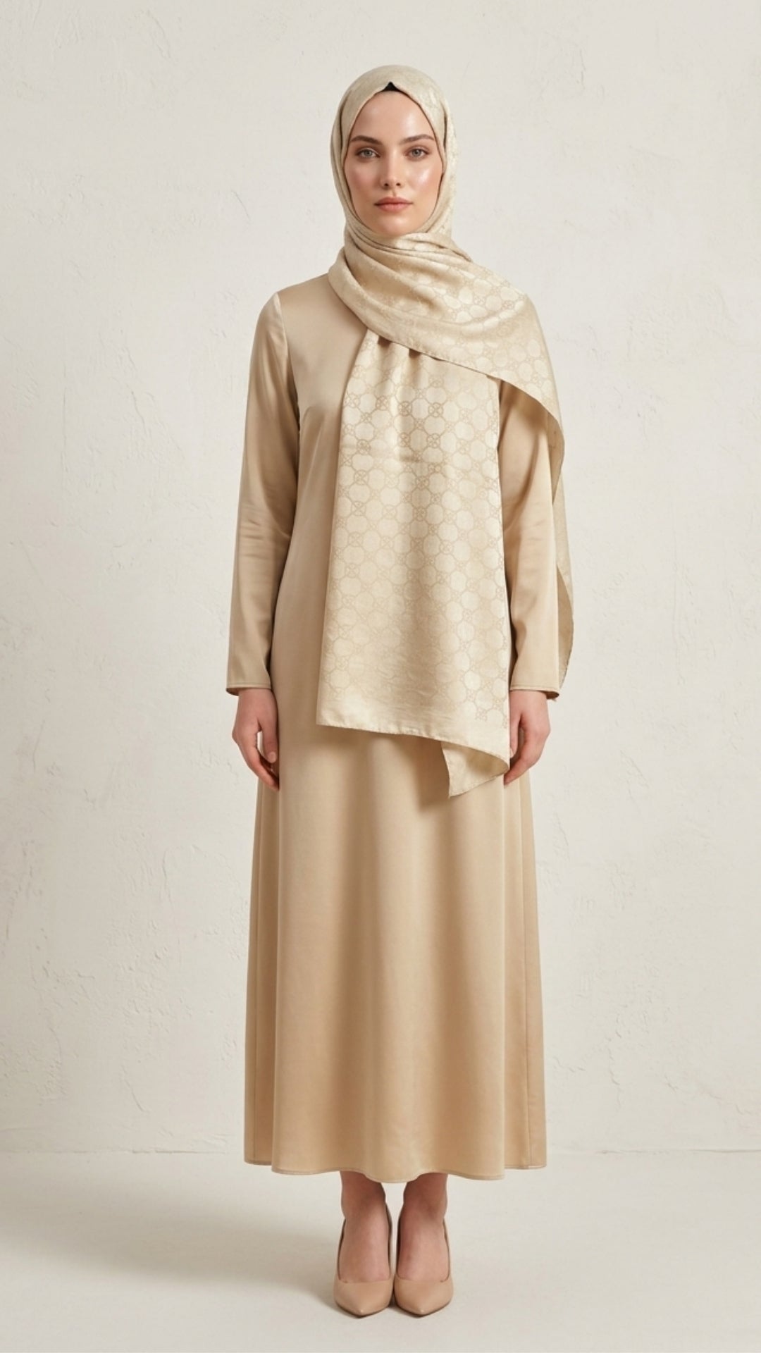 İtalyan Jakar Şal Monogram Desen Bej omuzda dökümlü duruş