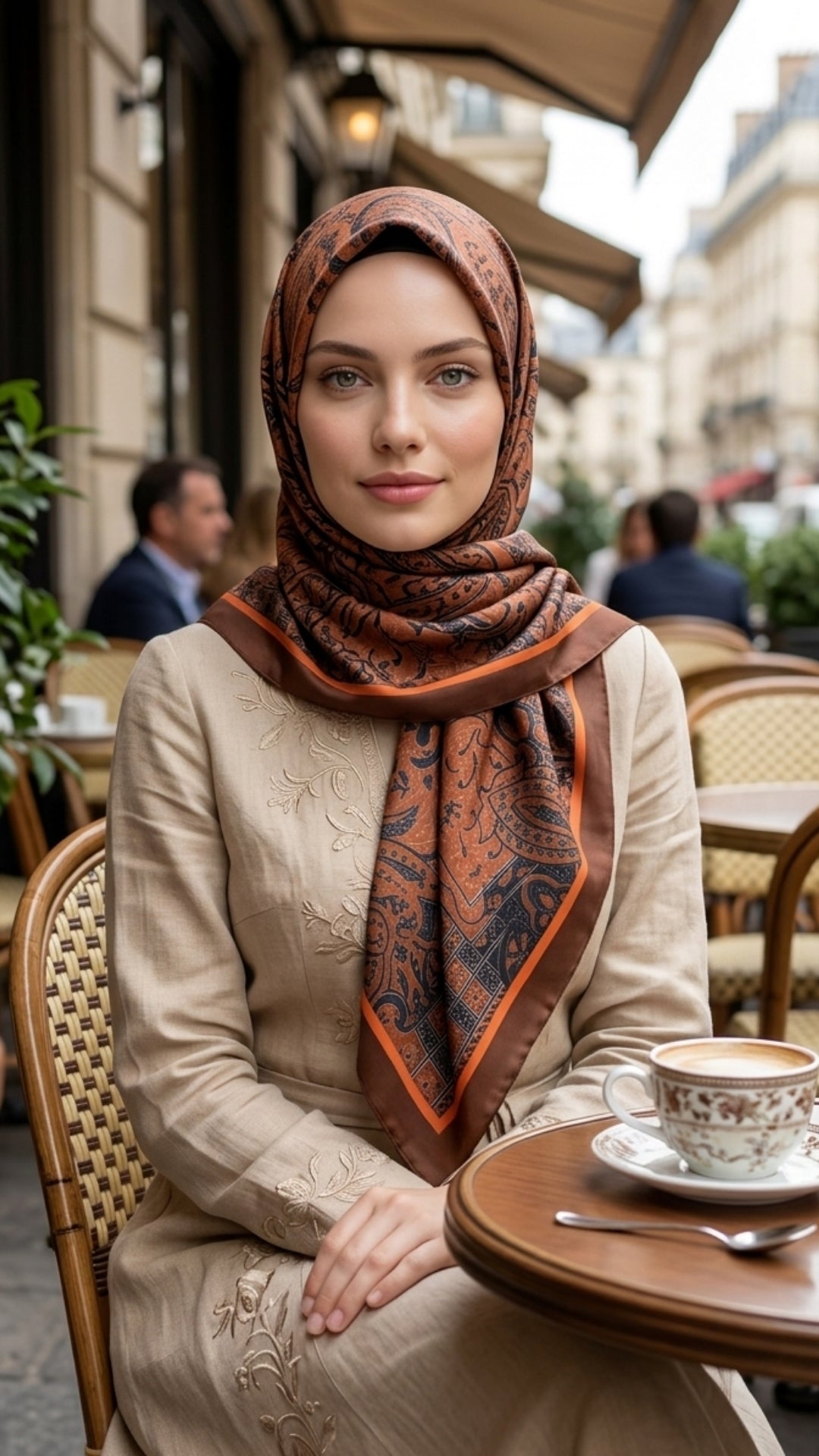 Kafe ortamında bordo şal takan kadın, şıklığıyla dikkat çekiyor.
