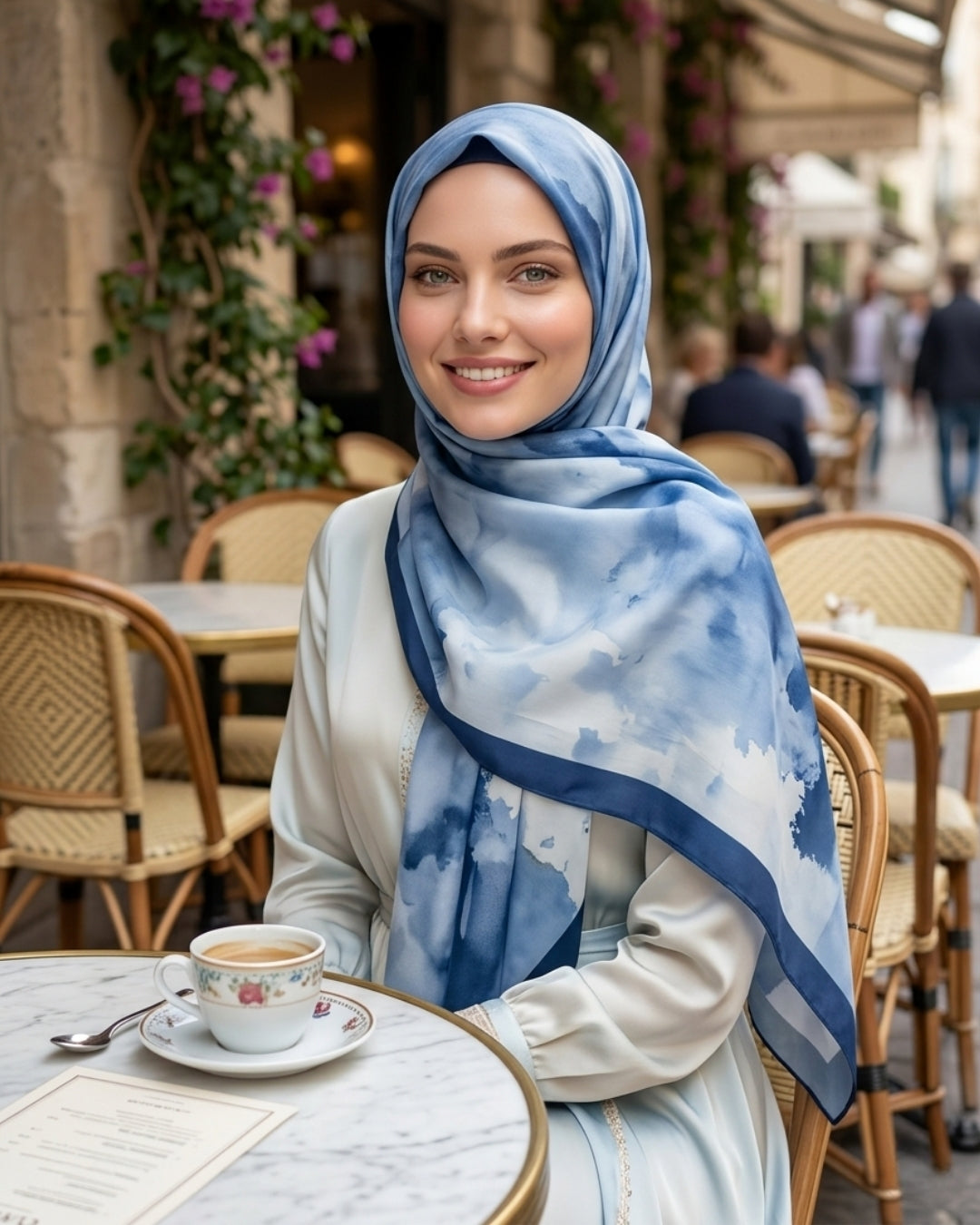 Batik Desenli Pamuk Soft Şal Lacivert Batik omuzda dökümlü duruş
