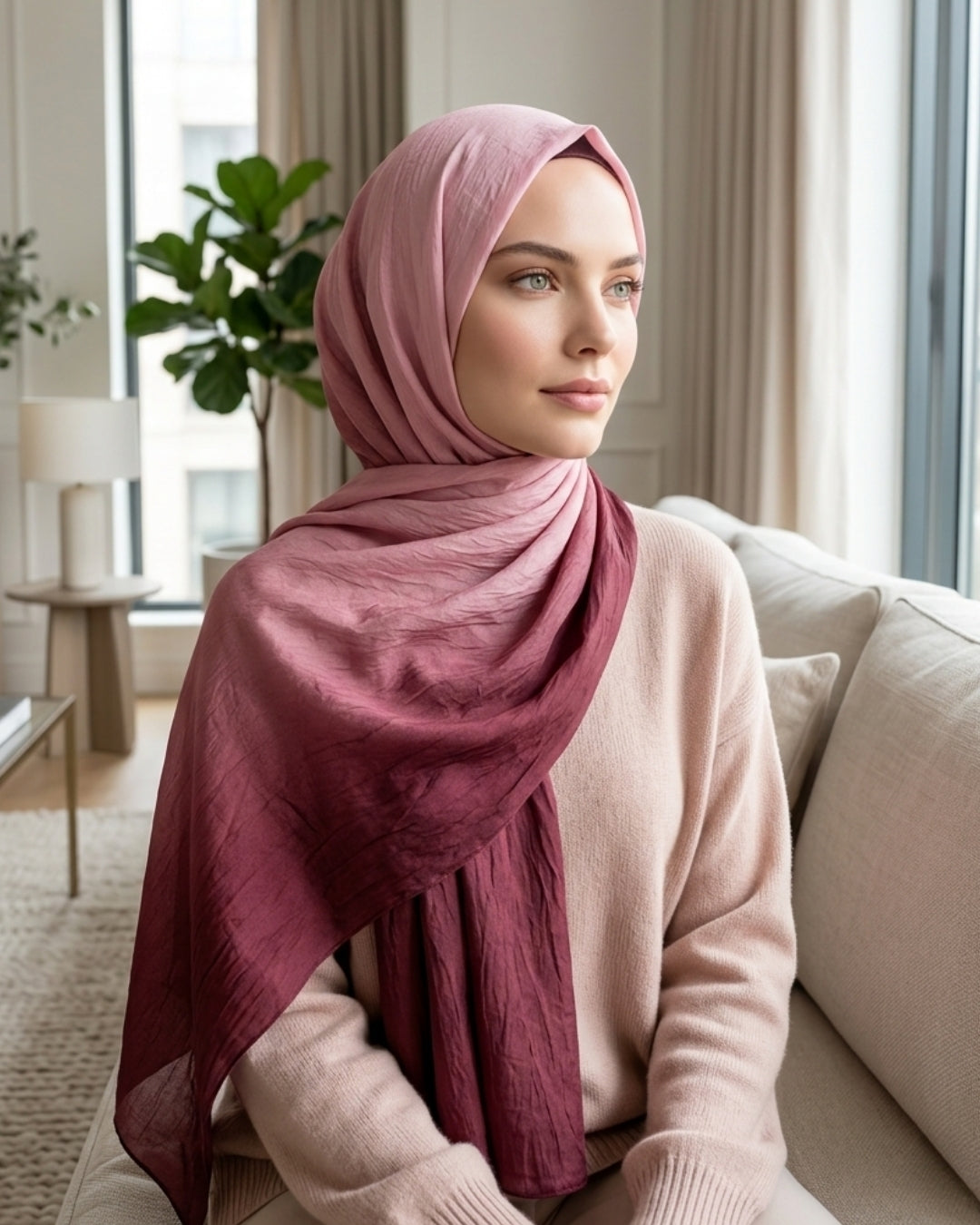 Degrade Bambu Kraş Şal Pembe Mürdüm omuzda dökümlü duruş