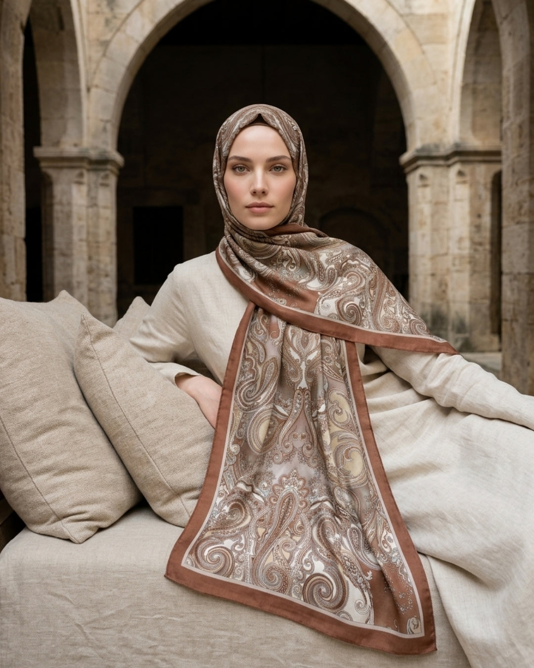 kahverengi heritage gazel şal modeli, zarif desenleriyle modern ve geleneksel stilin birleşimi