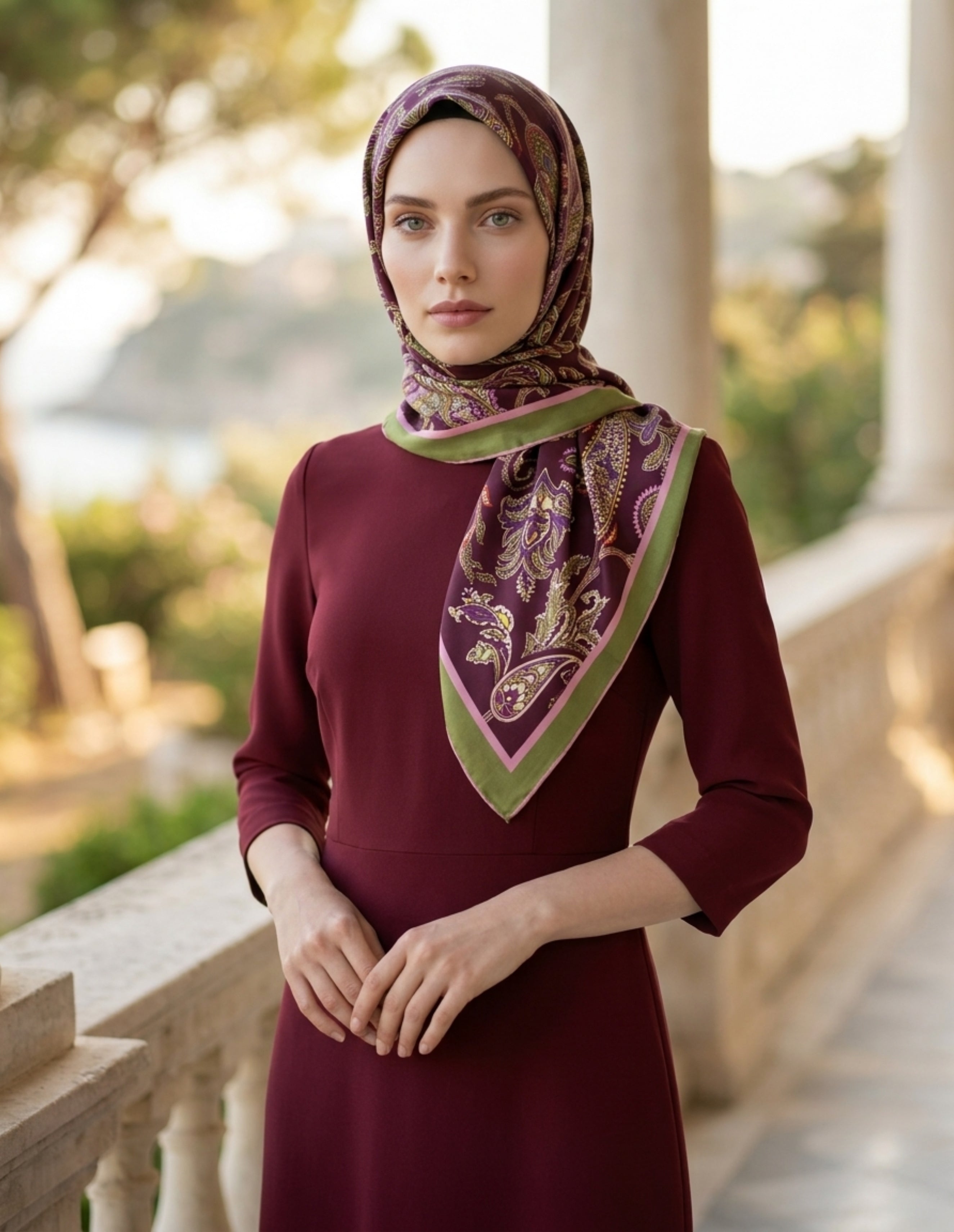 Moda Nûda ED Scarf Heritage Alâ Şal Yeşil Mor detay çekimi