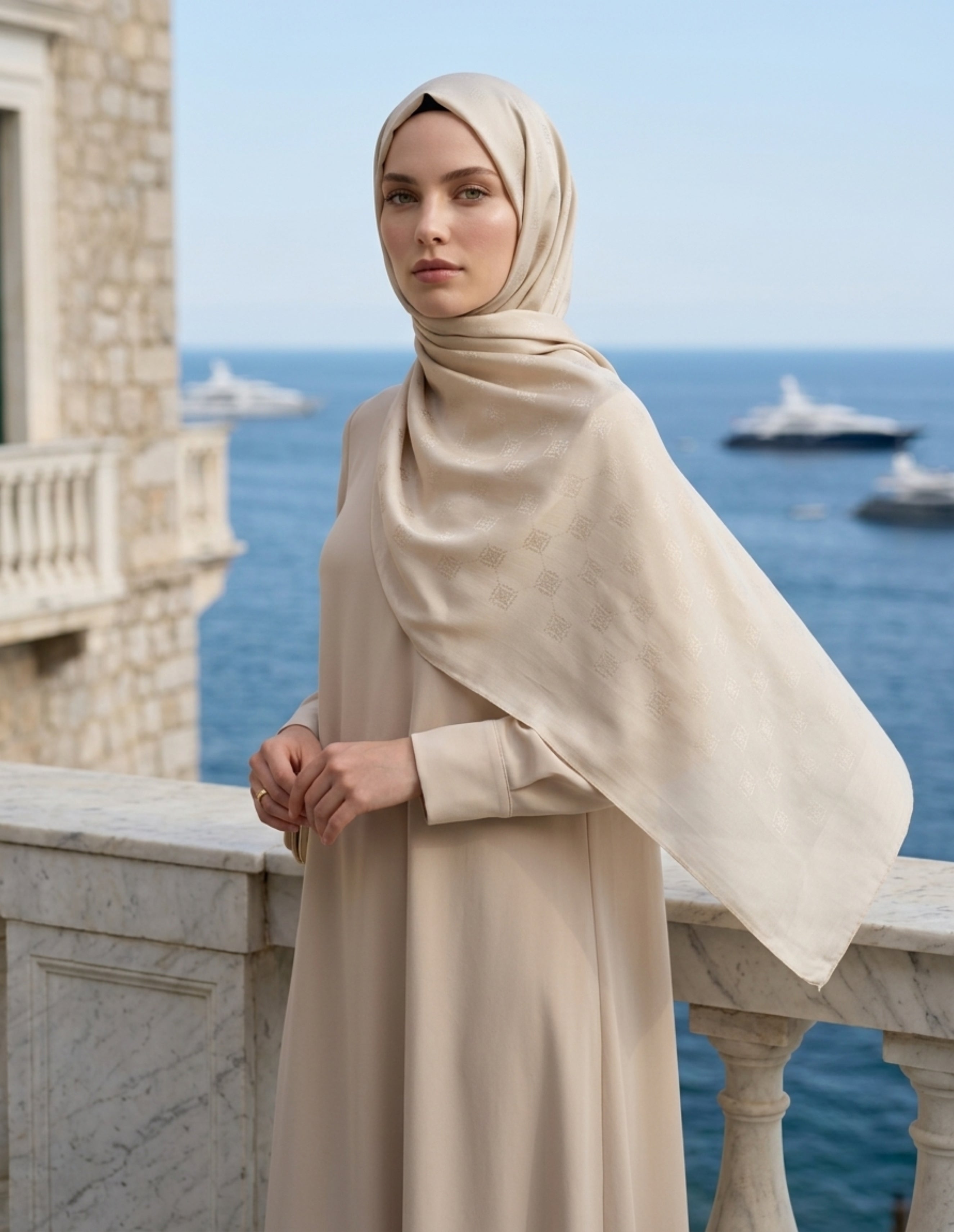 Moda Nûda ED Scarf Çift Taraflı Logo Desen Şal Krem detay çekimi