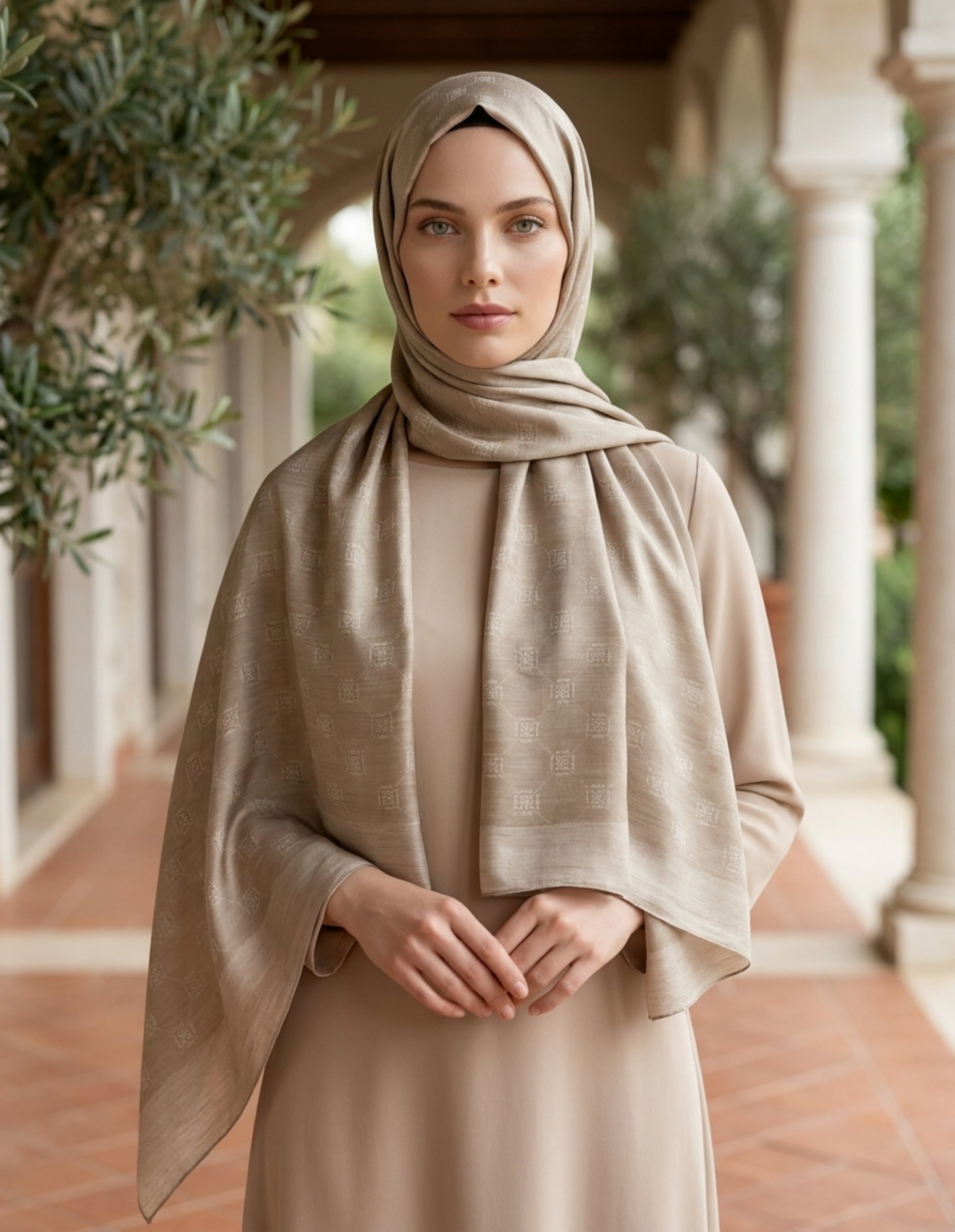 Moda Nûda ED Scarf Çift Taraflı Logo Desen Şal Bej detay çekimi