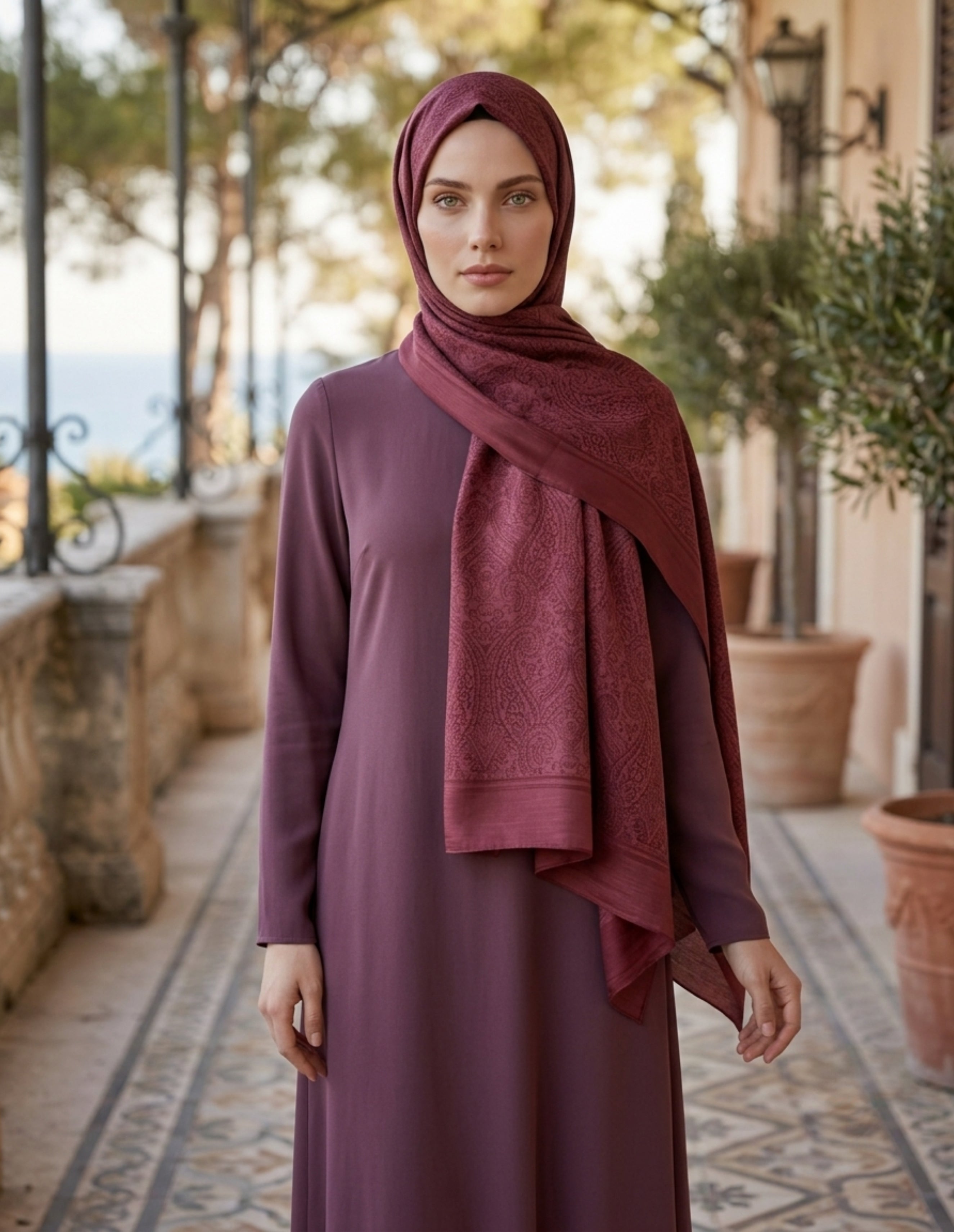 Moda Nûda ED Scarf Çift Taraflı Etnik Desen Şal Bordo detay çekimi