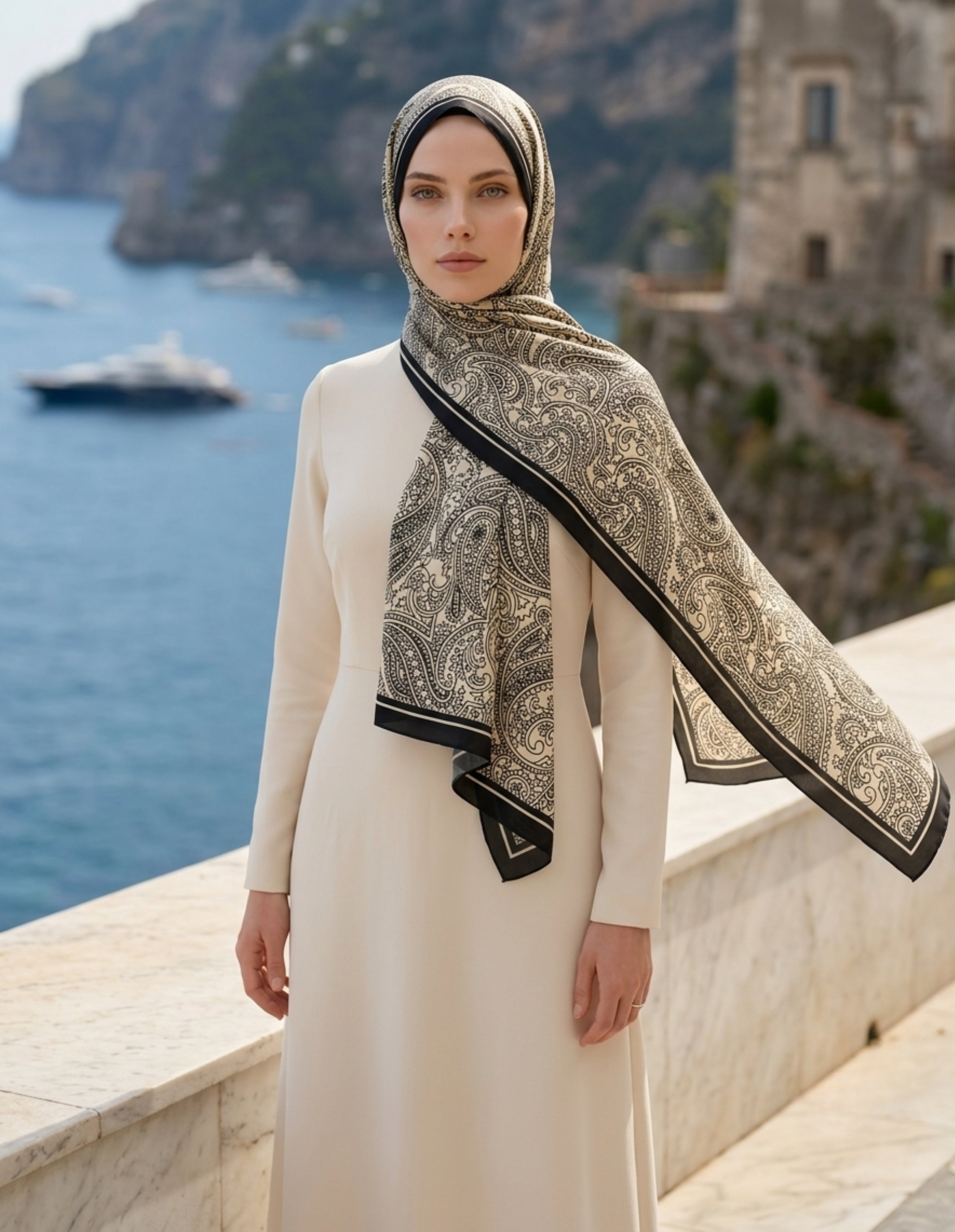 Moda Nûda ED Scarf Paisley Hüma Şal Siyah Beyaz detay çekimi