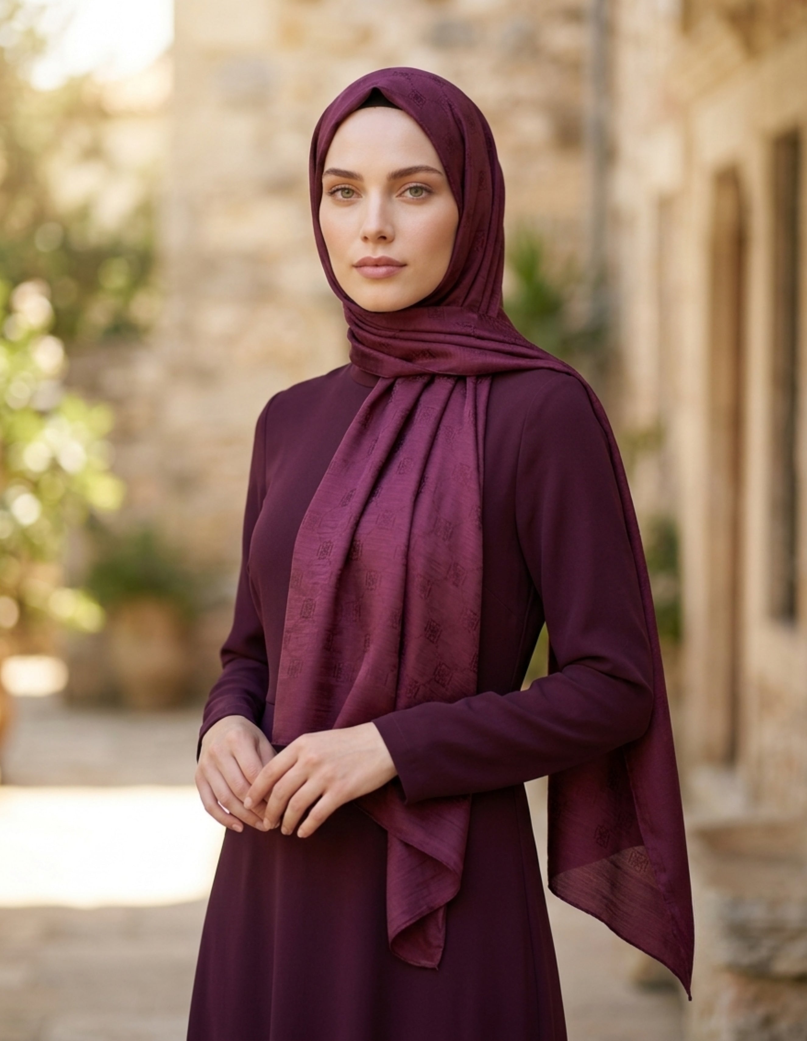 Moda Nûda ED Scarf Çift Taraflı Logo Desen Şal Bordo detay çekimi
