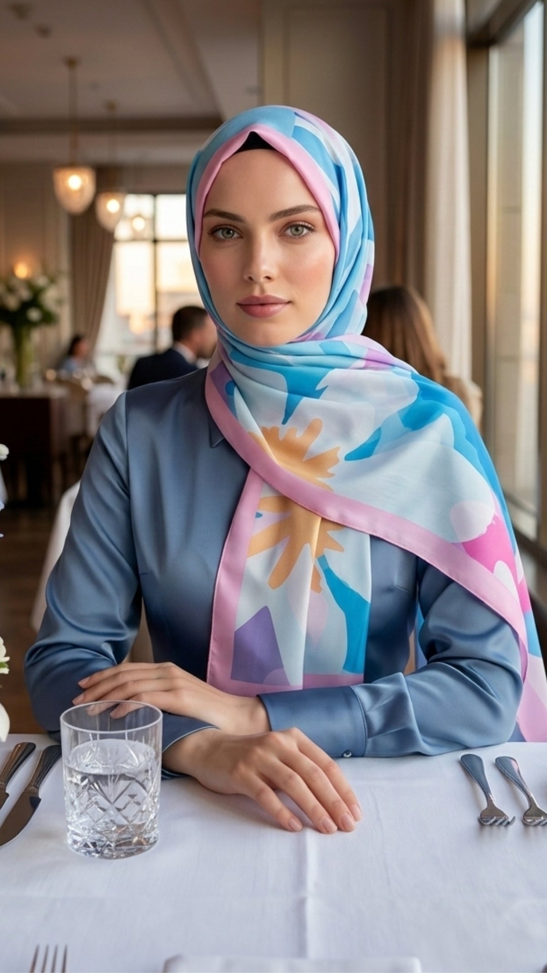 Desenli Pamuk Soft Şal - İlham Serisi Mavi Pembe Kenarlı