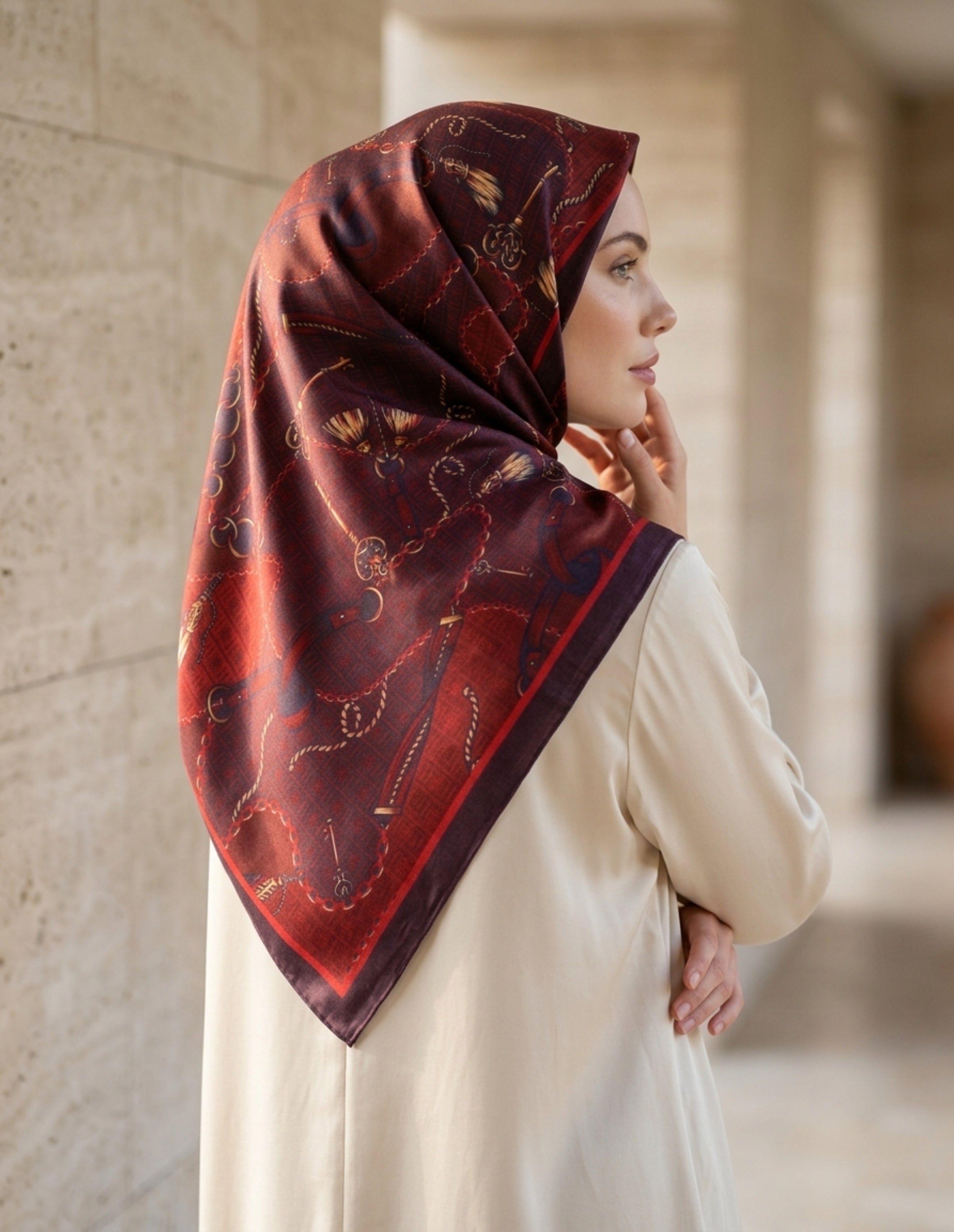Moda Nûda ED Scarf Celebrity Karte Şal Bordo detay çekimi