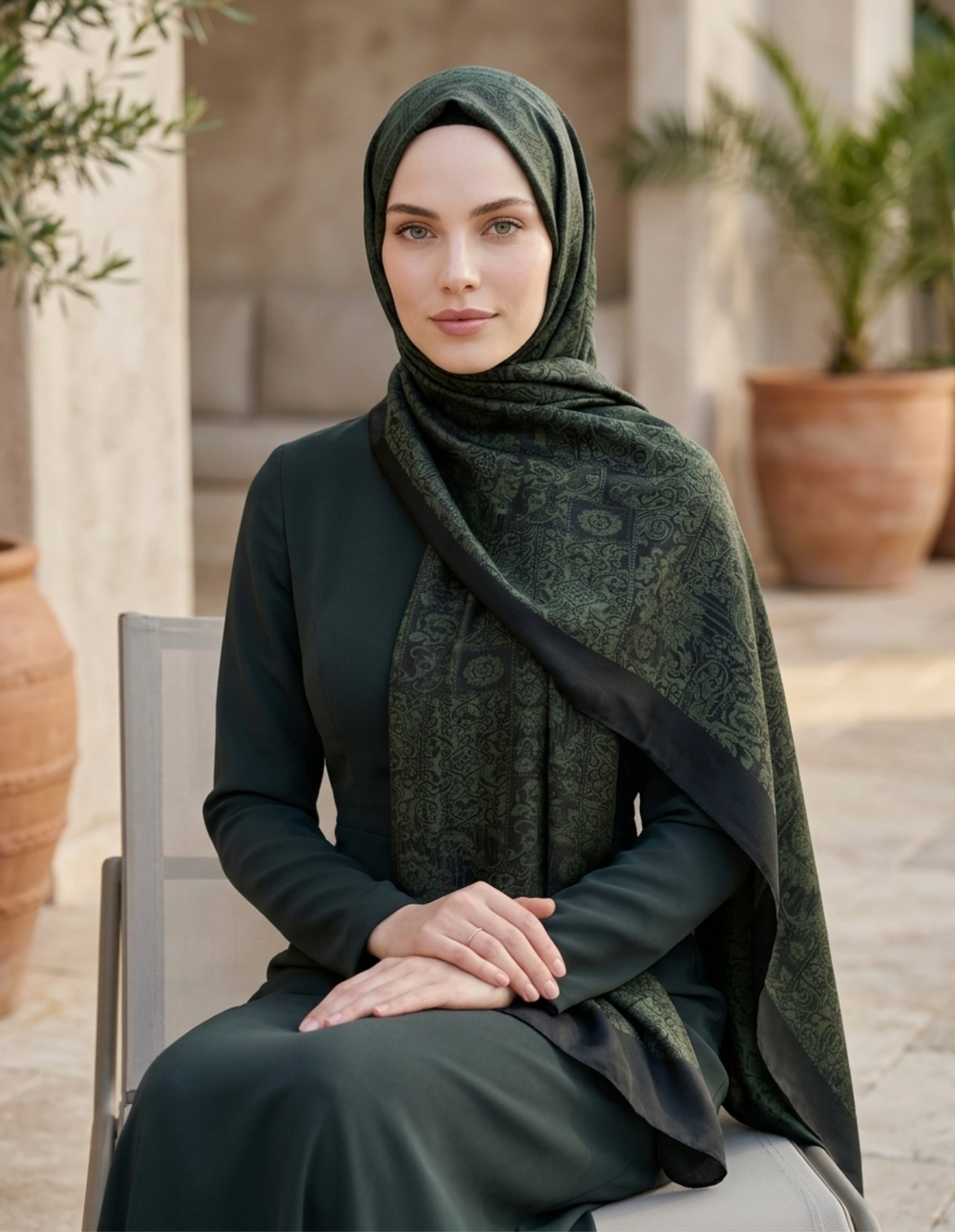 Henna Desen Çift Taraflı Şal Siyah Haki | Modern Zarafet