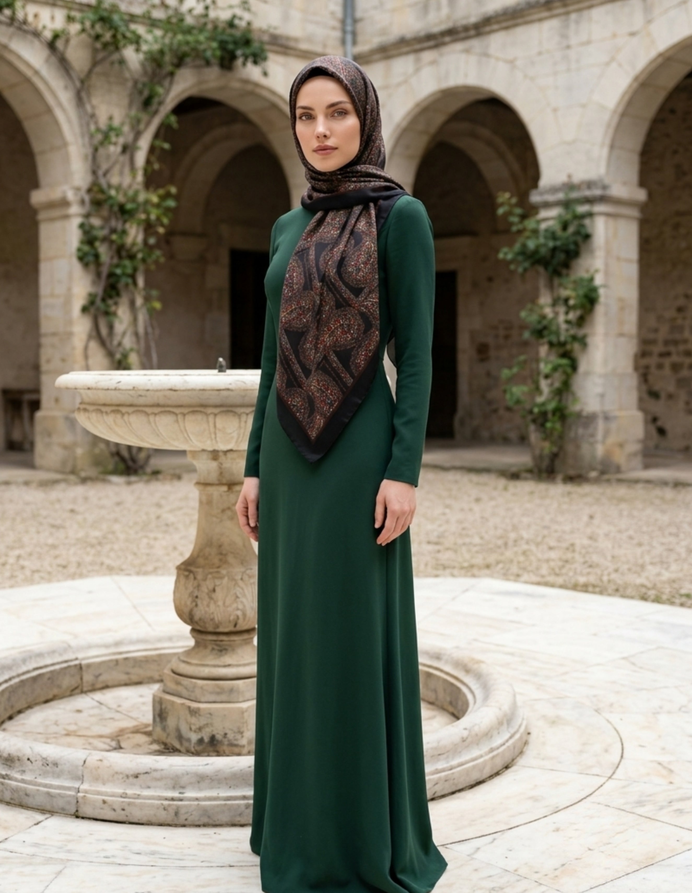 ED Scarf Iconic Lema Şal Acı Kahve, kadın elbiseli bir modelin üzerine zarif bir şekilde takılmış.